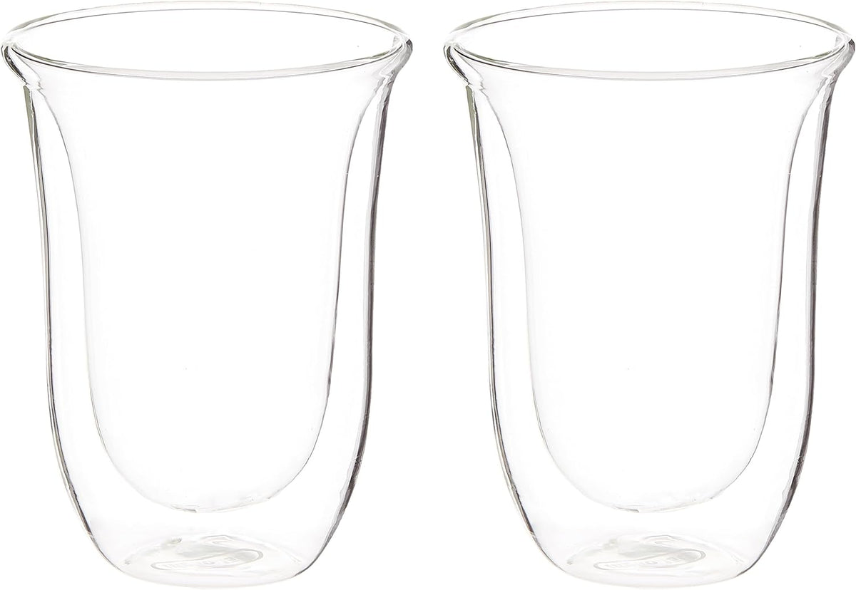 Pair of clear double wall latte macchiato glasses, stemless double-walled shape