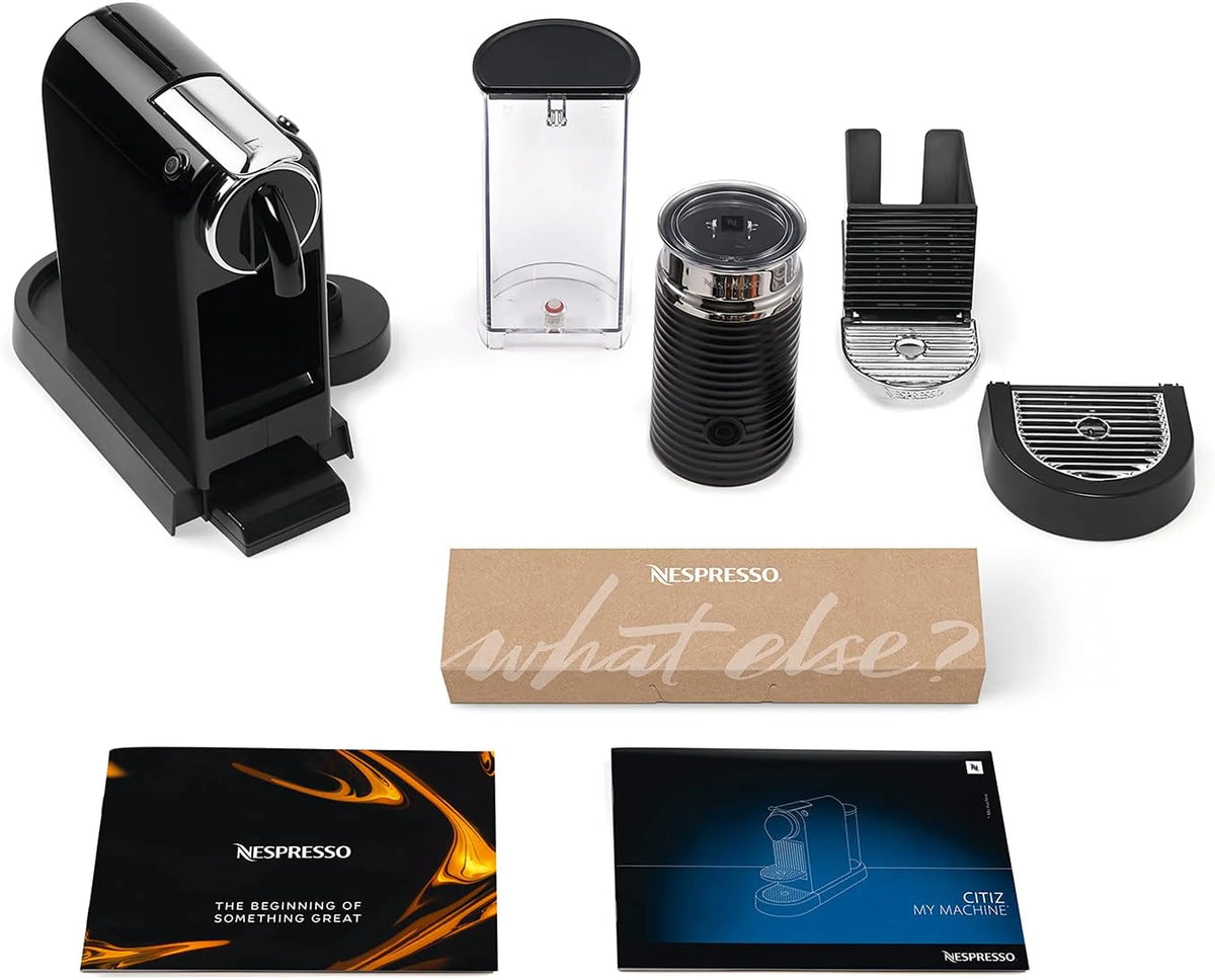 Black Nespresso Citiz espresso machine with water tank, capsule container, and drip plate