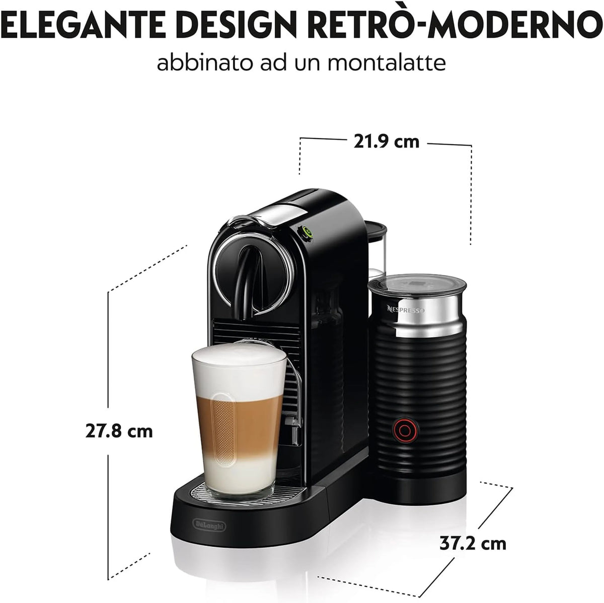 Black Nespresso Citiz espresso machine with cup on drip tray and frothing container