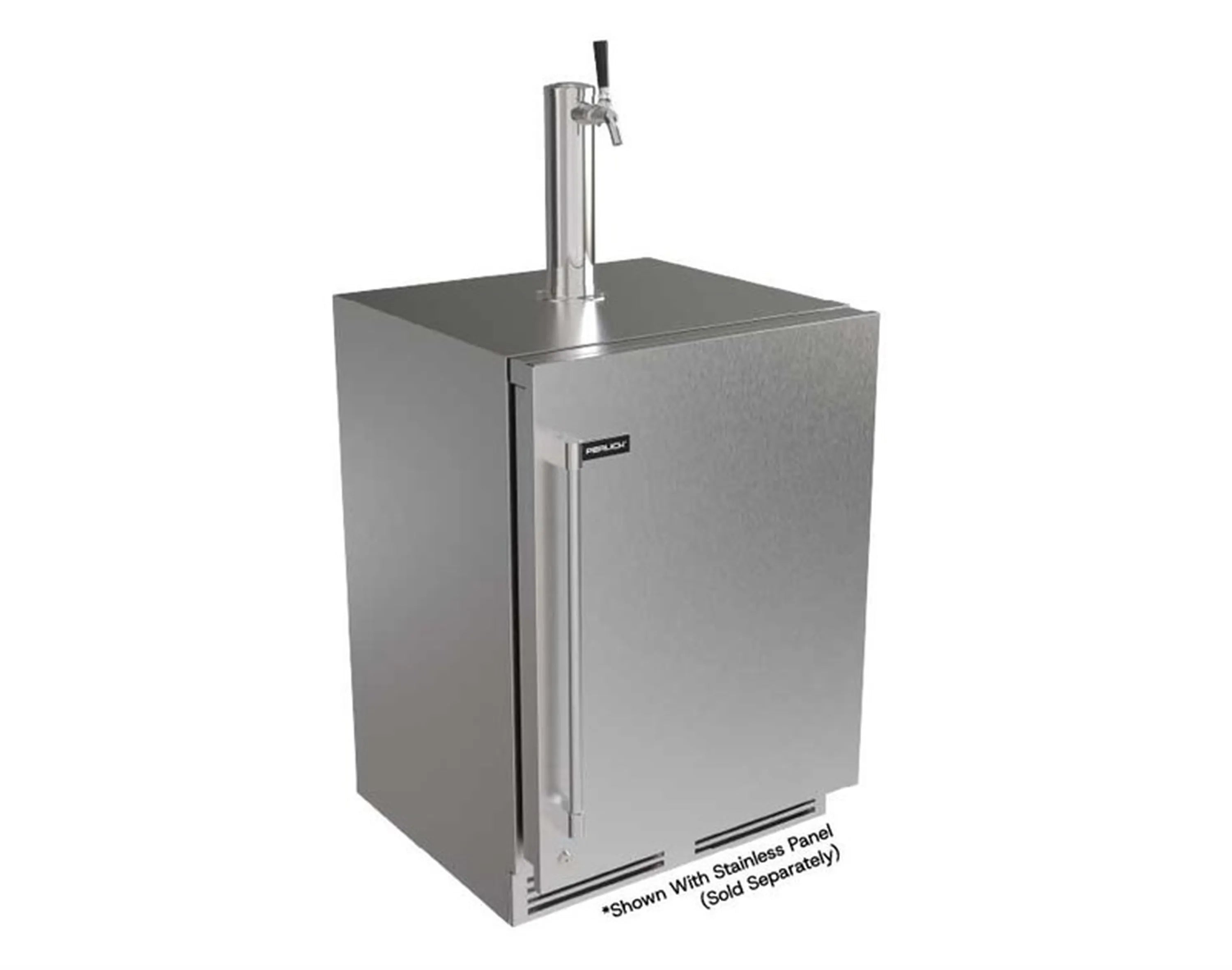 Stainless steel undercounter beverage dispenser with faucet and single door, panel-ready