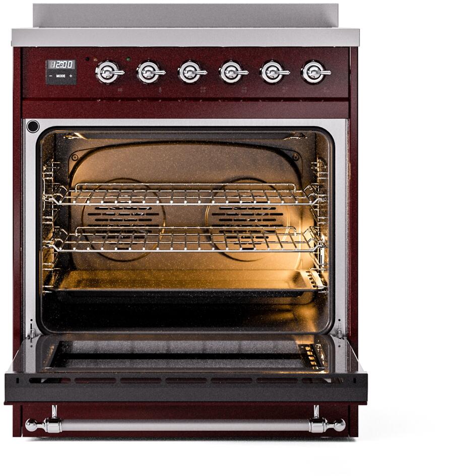 Burgundy induction range with open oven showing wire racks and baking tray