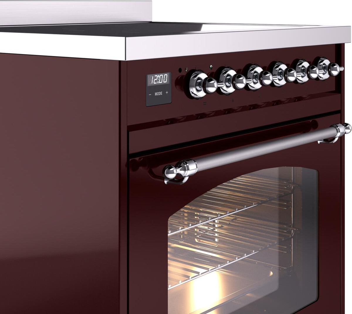 Burgundy induction range control panel with chrome knobs and oven door
