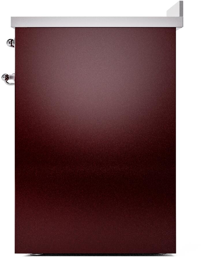 Burgundy freestanding induction range side with chrome door hardware