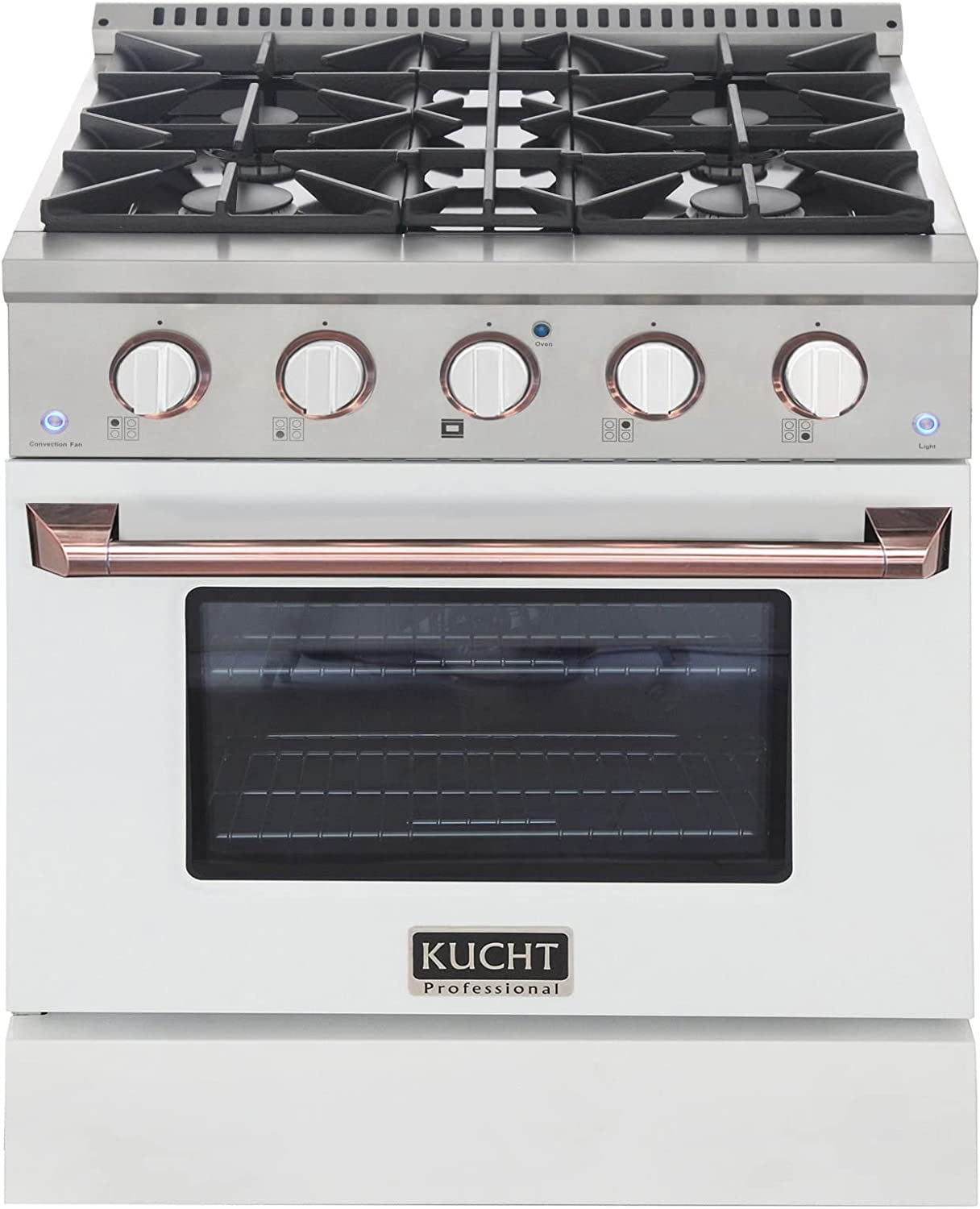 Kucht propane gas range with open cooktop grates and white control knobs on white body