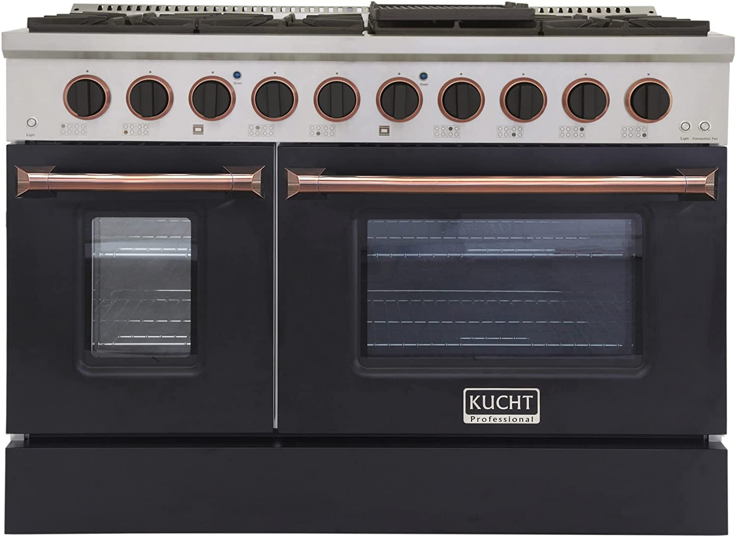 Kucht 48-inch propane gas range with black cabinet doors and rose gold handle trims.