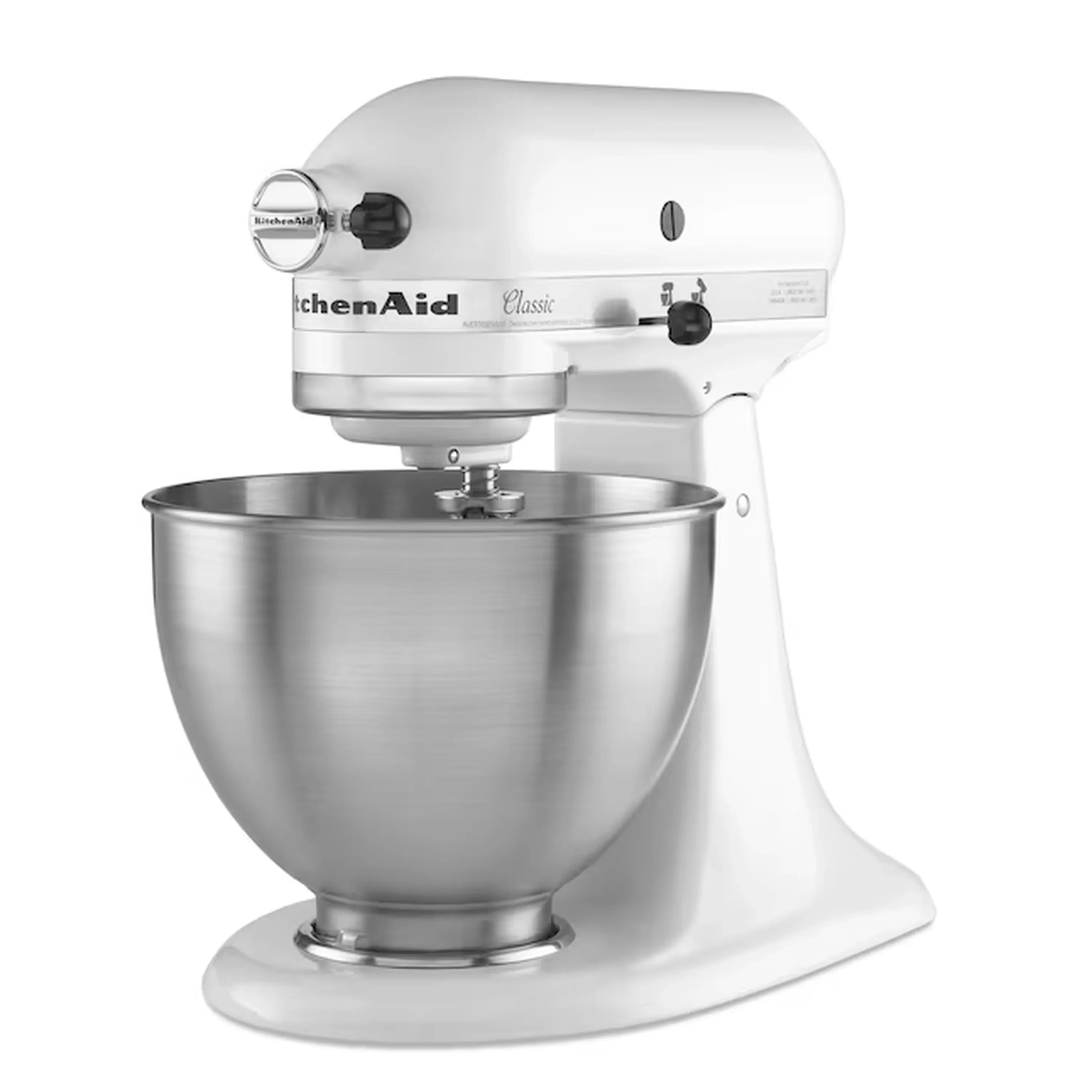 White tilt-head stand mixer with stainless mixing bowl and control knob
