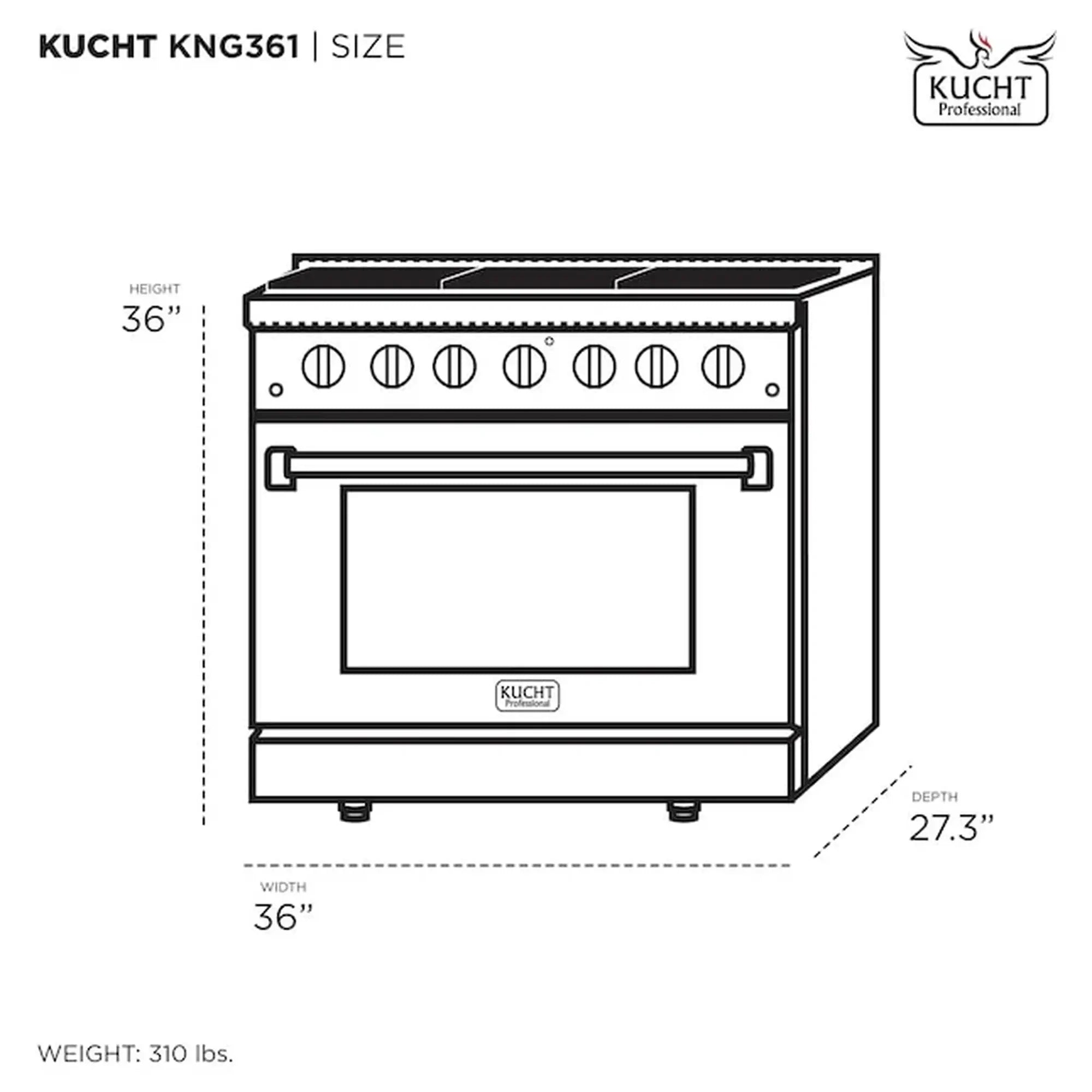 36-inch gas range outline diagram with top control knobs and oven door