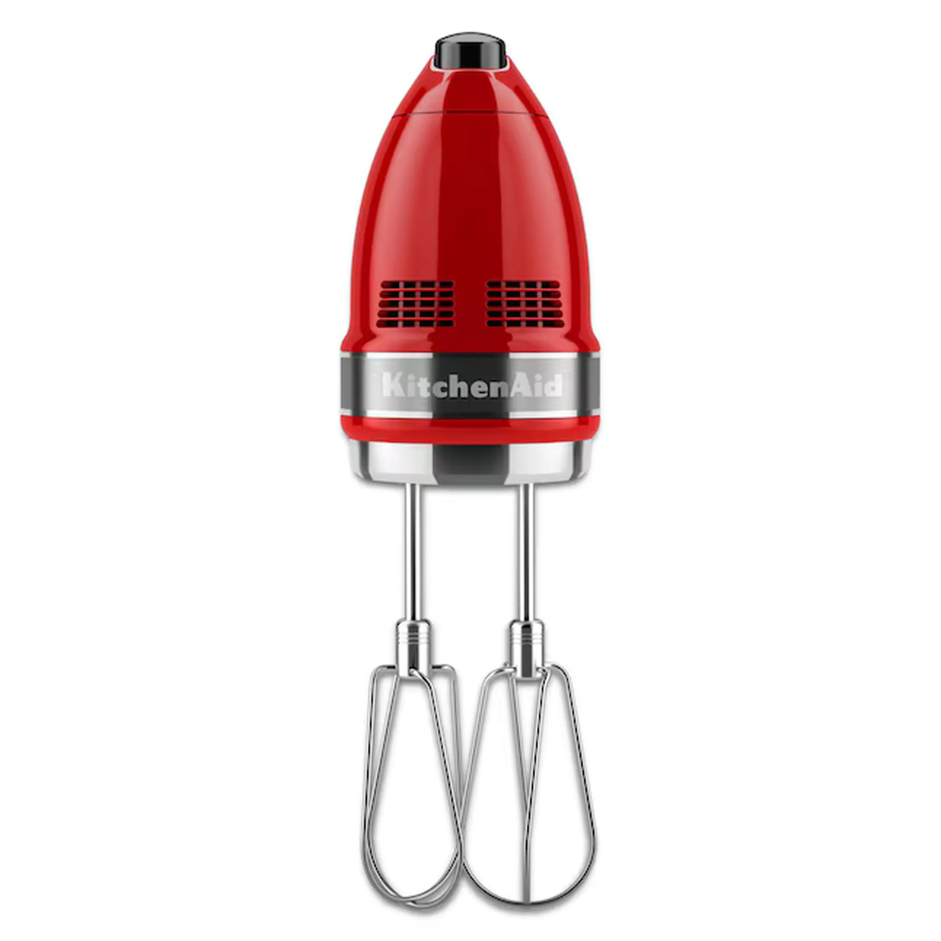 KitchenAid red hand mixer with stainless beaters and vented motor top