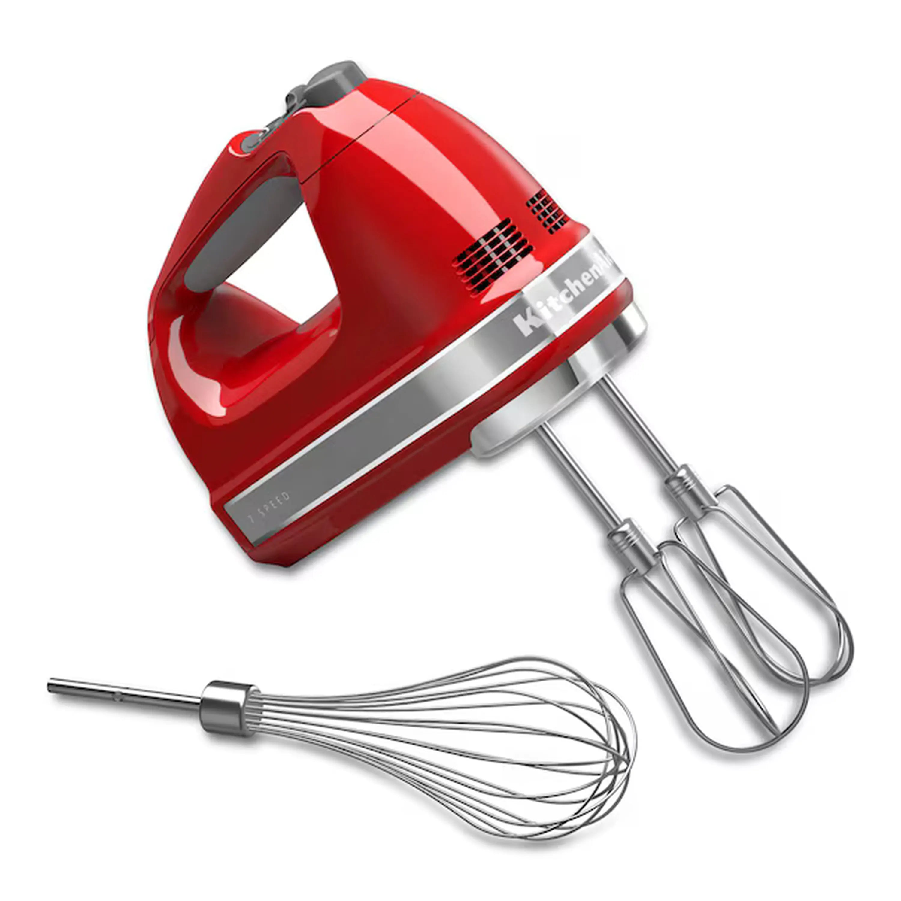 KitchenAid red 7-speed hand mixer with chrome beaters and wire whisk attachment