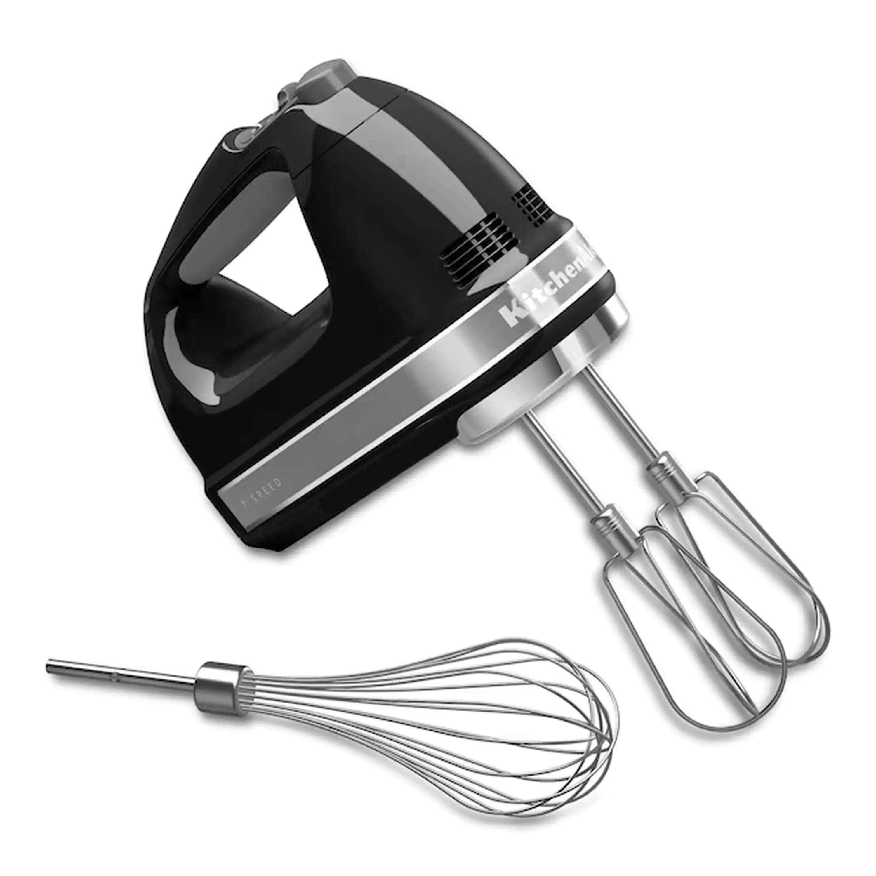 KitchenAid hand mixer with chrome beaters and whisk attachment, black housing