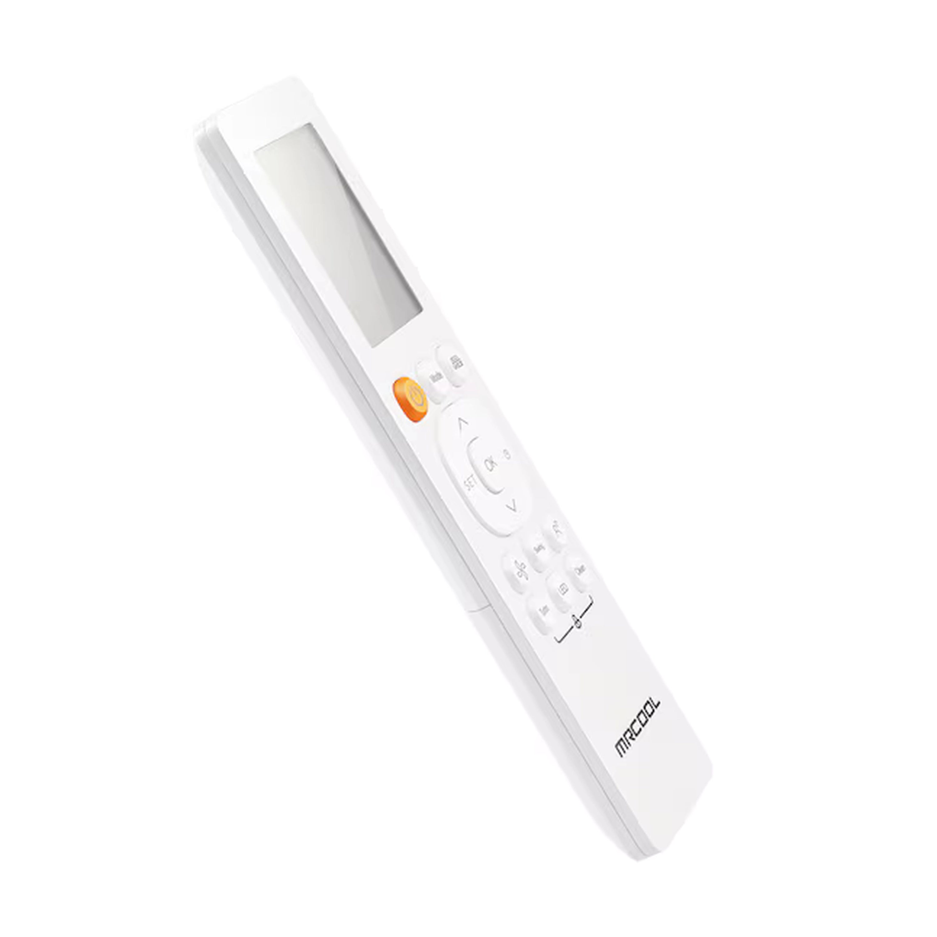 MRCOOL remote control with white body, orange power button, and keypad