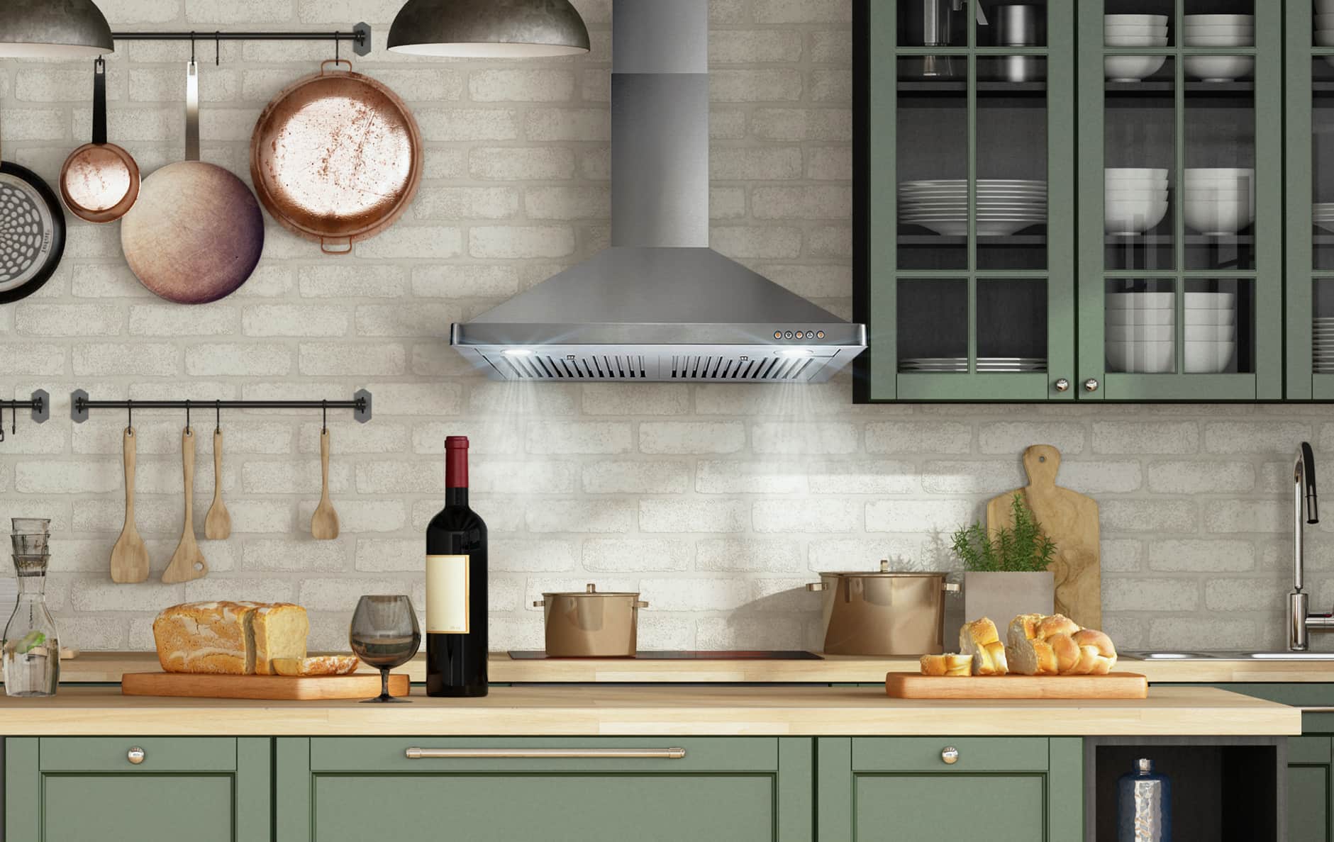 Stainless steel wall-mount ducted range hood with chimney and vented underside