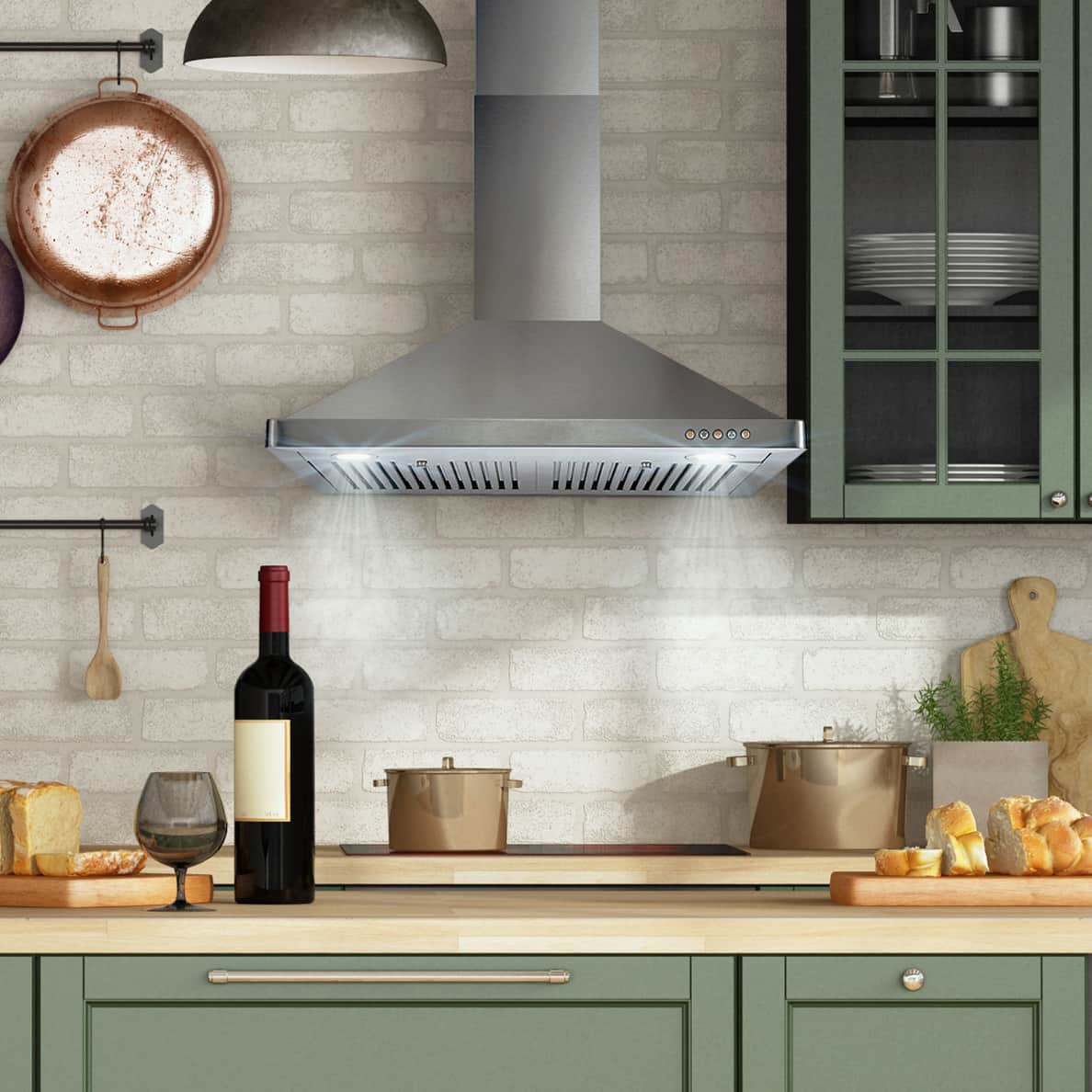 Stainless steel wall-mount ducted range hood with chimney and front control panel