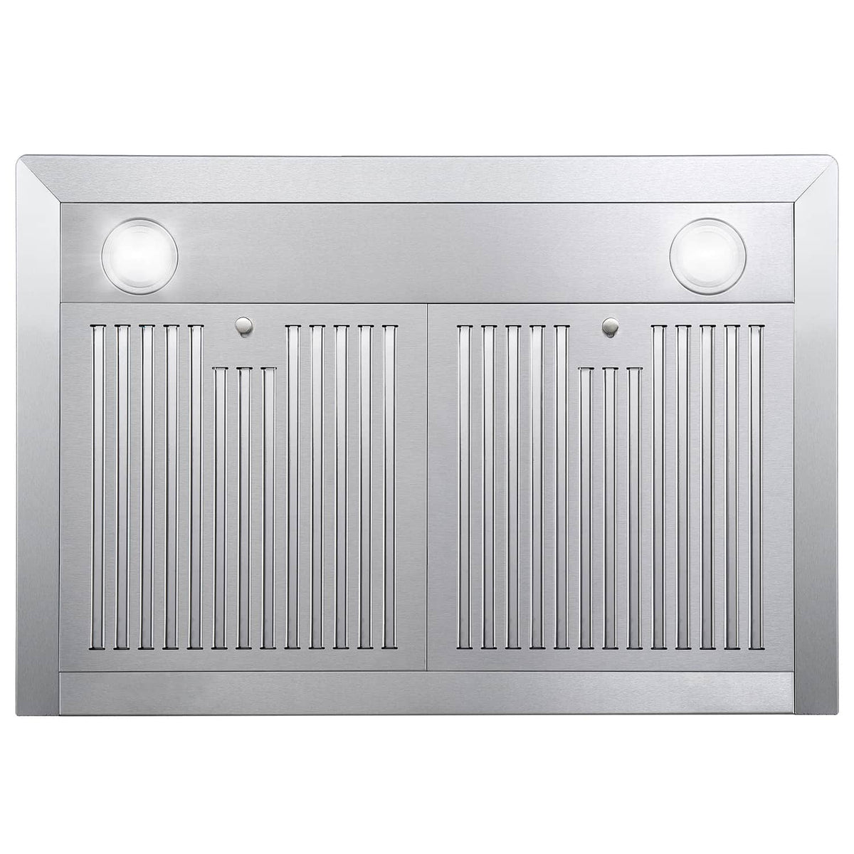 Stainless range hood front grille panel with vertical slots and two circular knobs