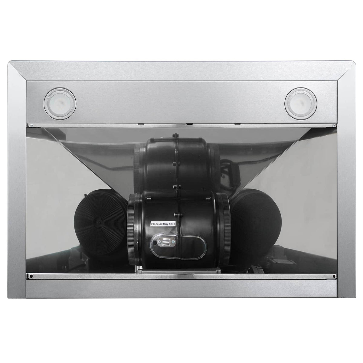 Stainless steel range hood fan housing inside the vent chamber