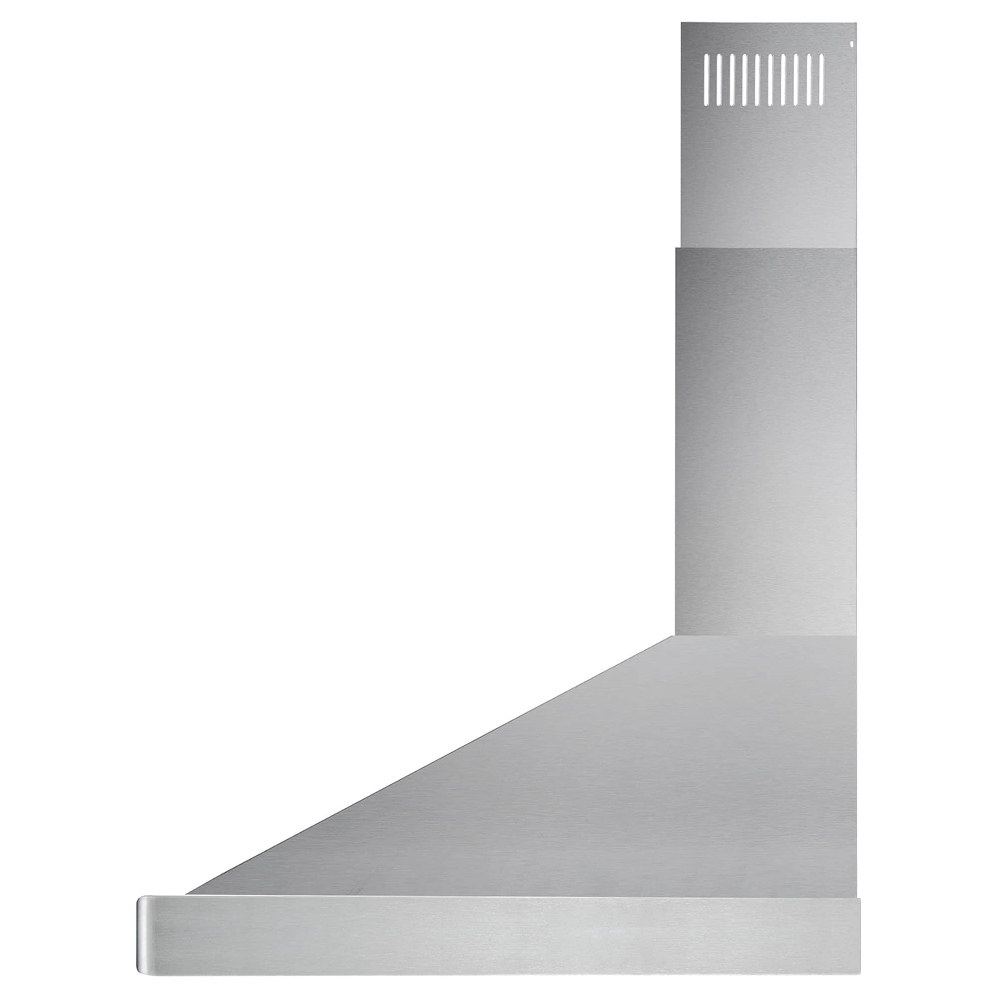 Stainless steel range hood chimney and extended front canopy with vent lighting