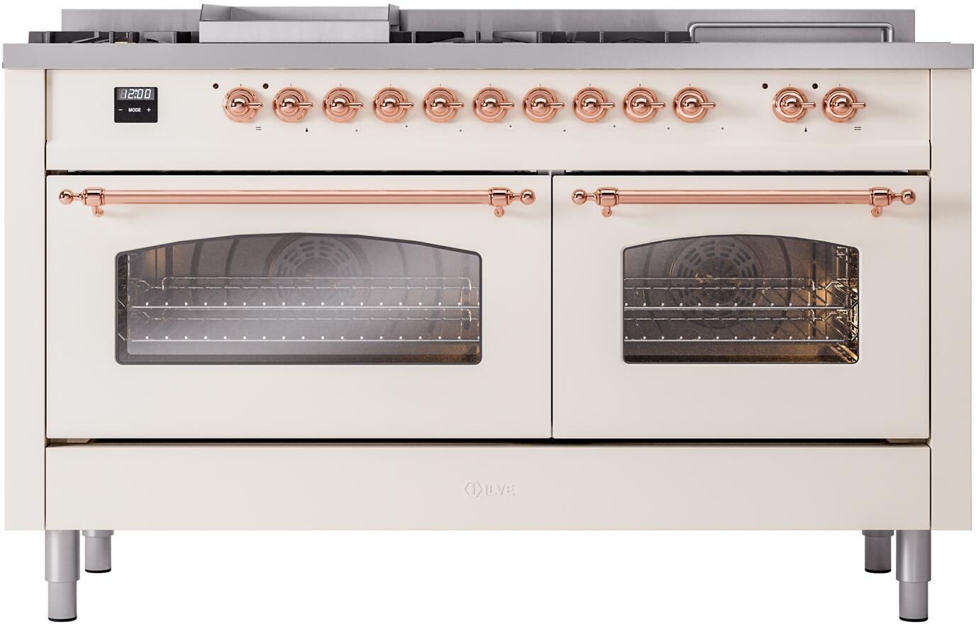 Antique white range with copper-trimmed control knobs and double oven door windows