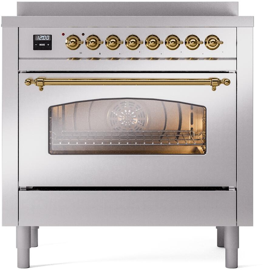 Stainless oven with open glass door, brass control knobs, and rack