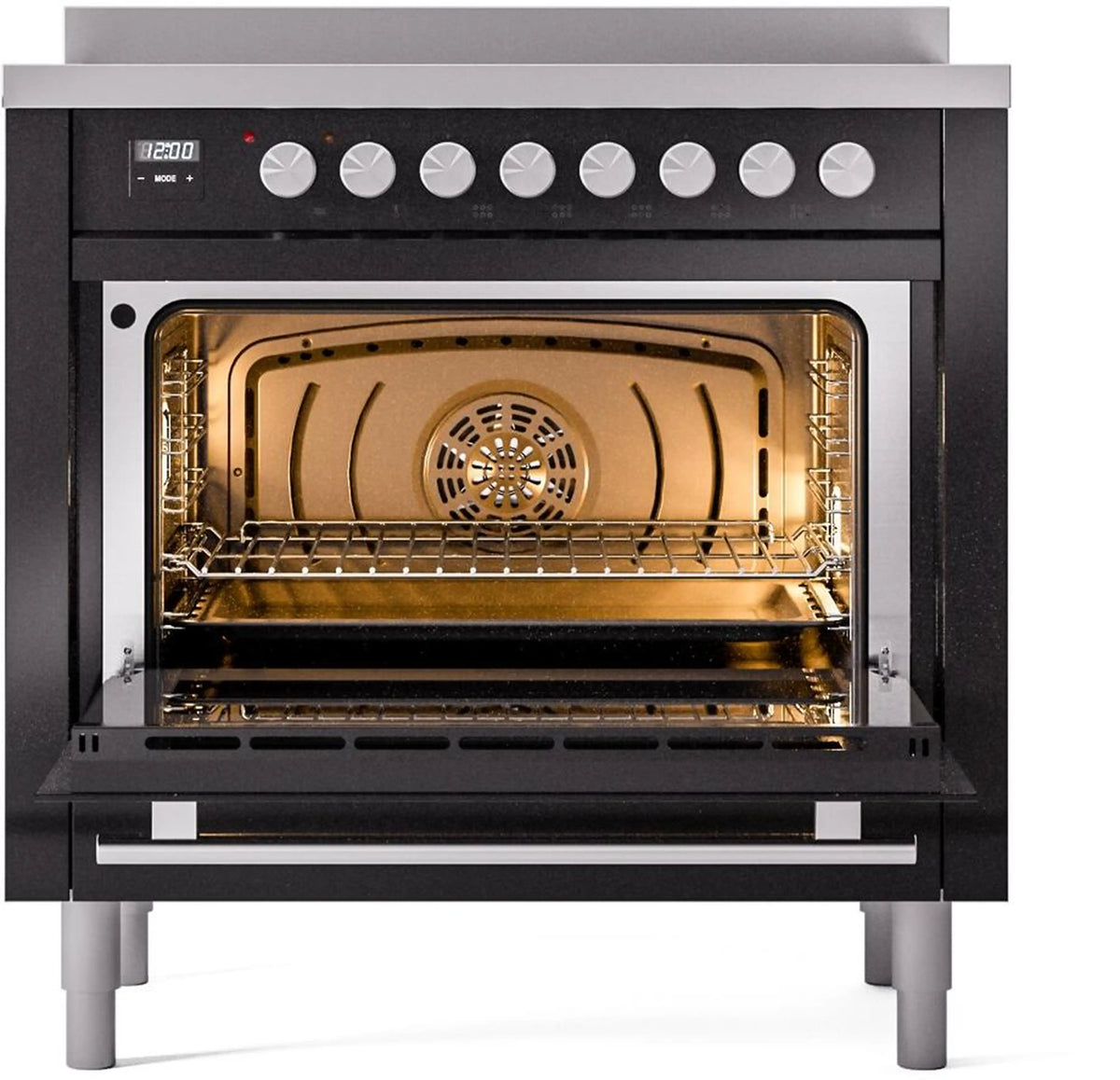 Glossy black induction range with open oven door and interior rack shelves visible