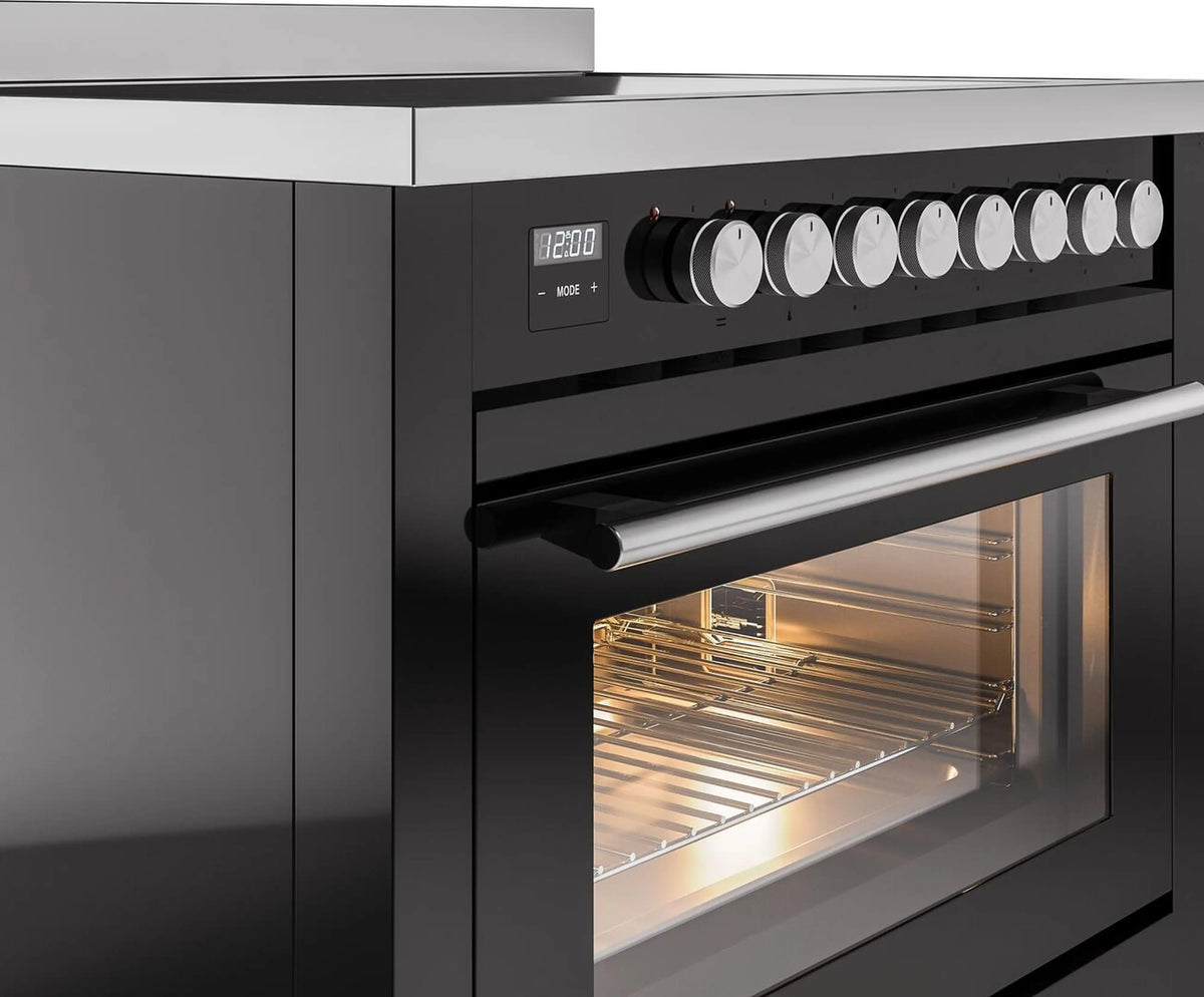 Black induction range oven with side window and control knobs above the door