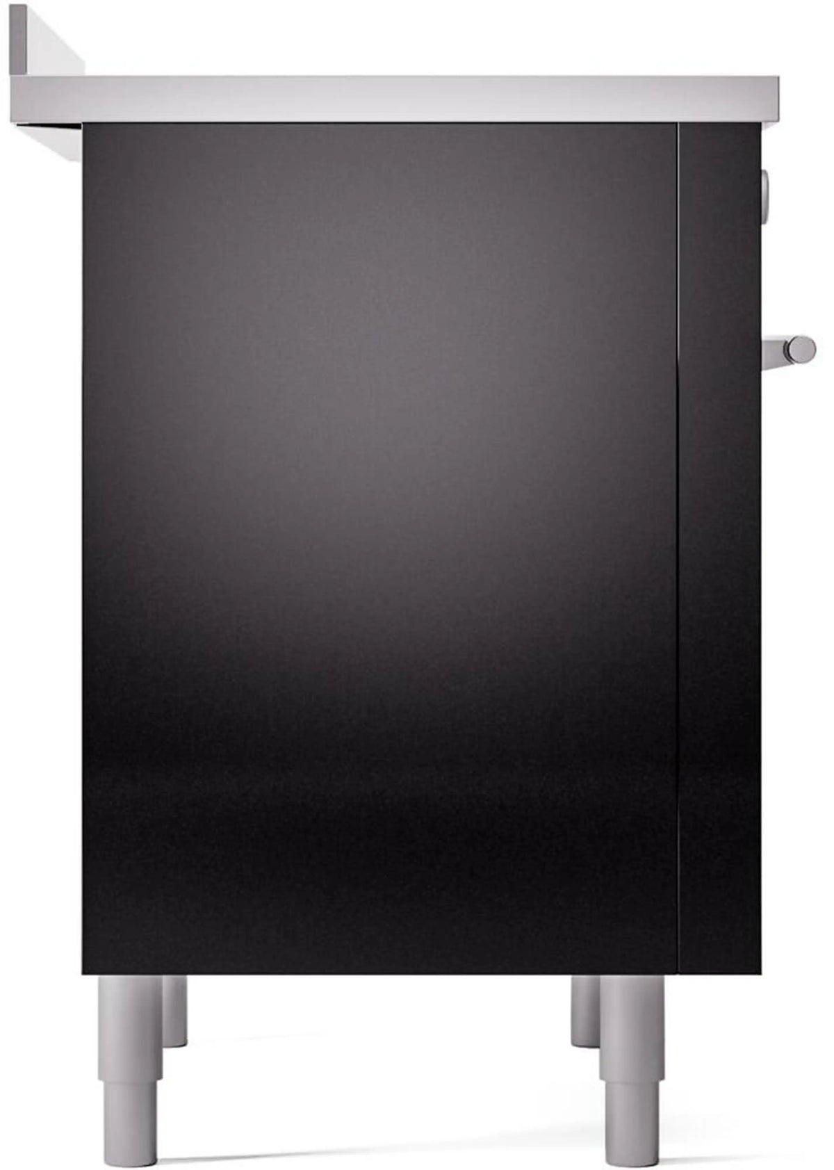 Rear panel of a black induction range with stainless top and side corner hardware