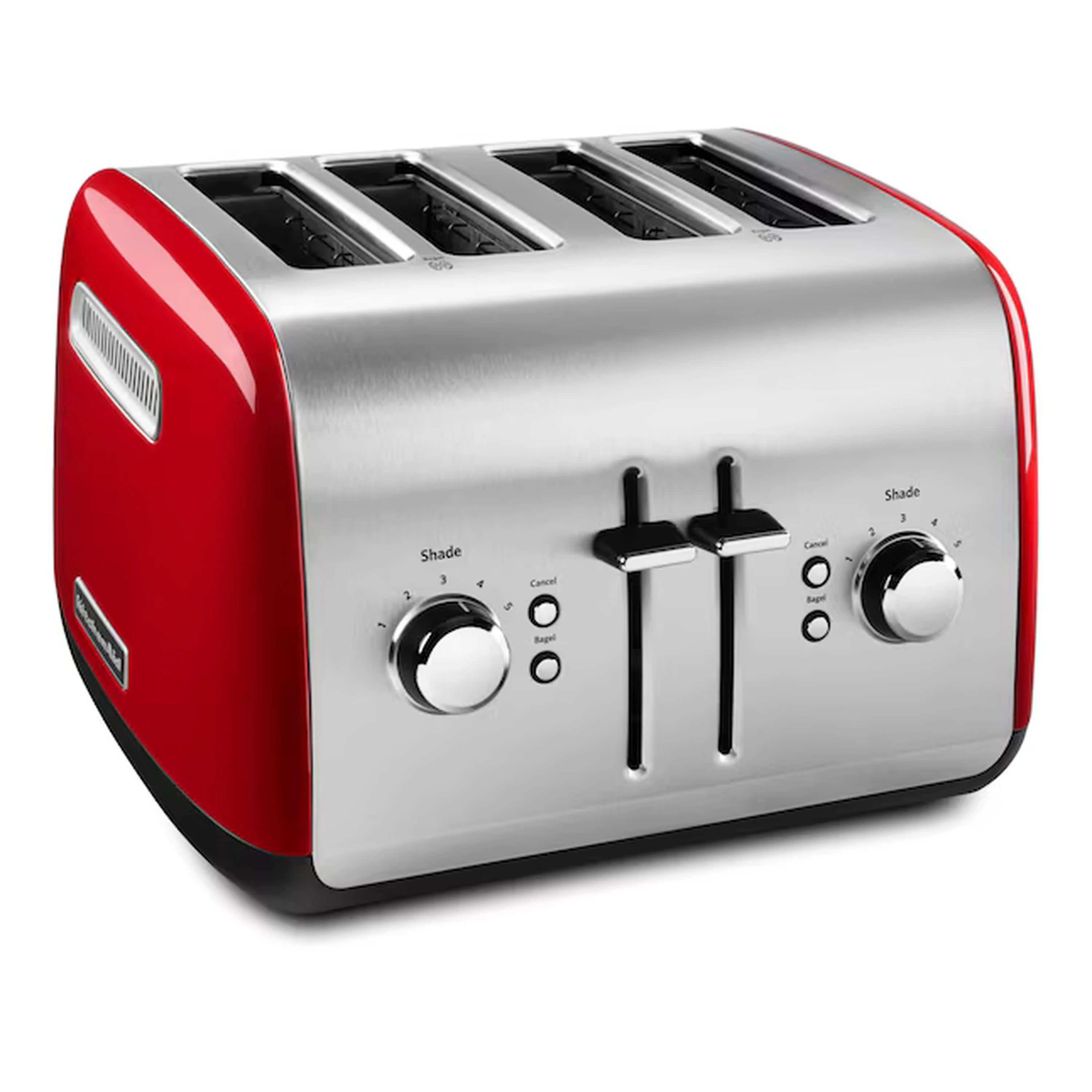 4-slice toaster with top slots and manual lift lever, side view in Empire Red and silver