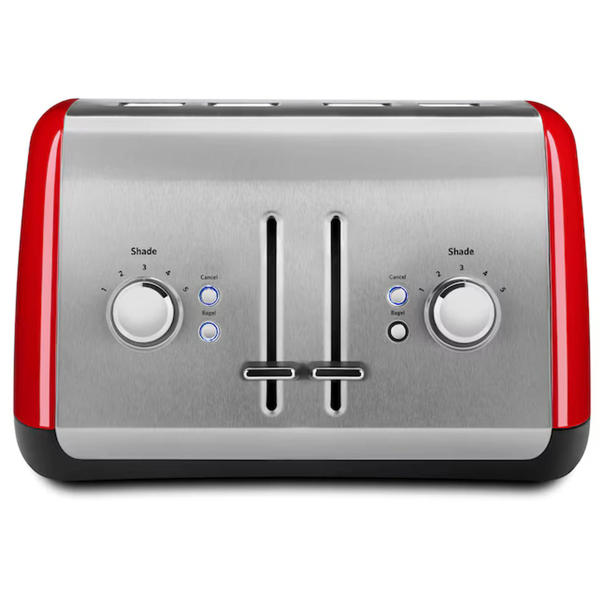 4-slice toaster front control panel with two shade dials and central lever, Empire Red and silver