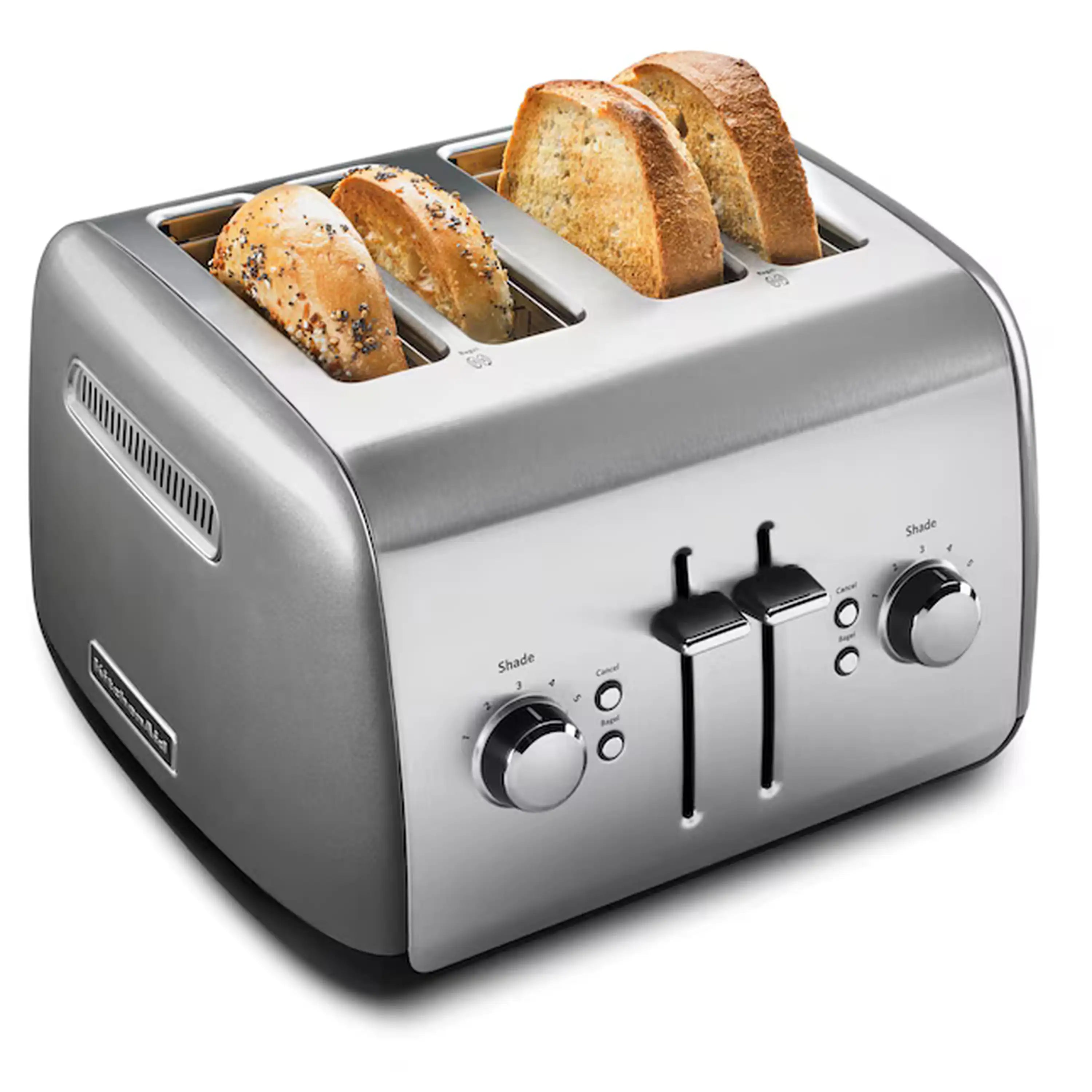 KitchenAid 4-slice toaster, Contour Silver, with four bread openings and visible crumb tray vents