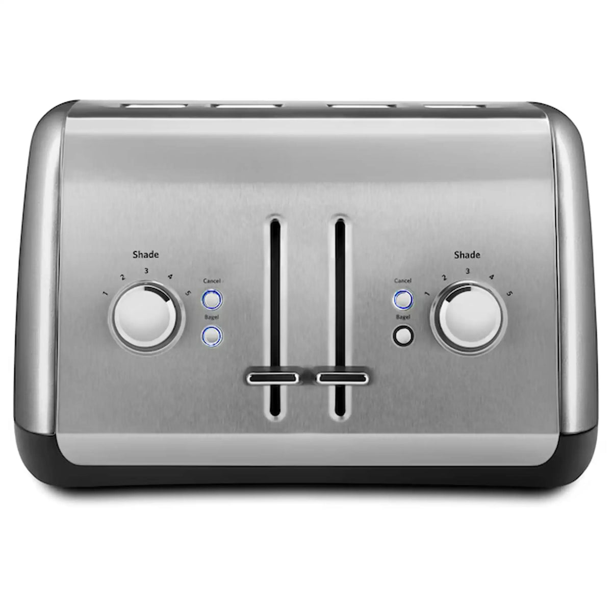 Contour Silver KitchenAid 4-slice toaster front view with shade dials and center lift levers