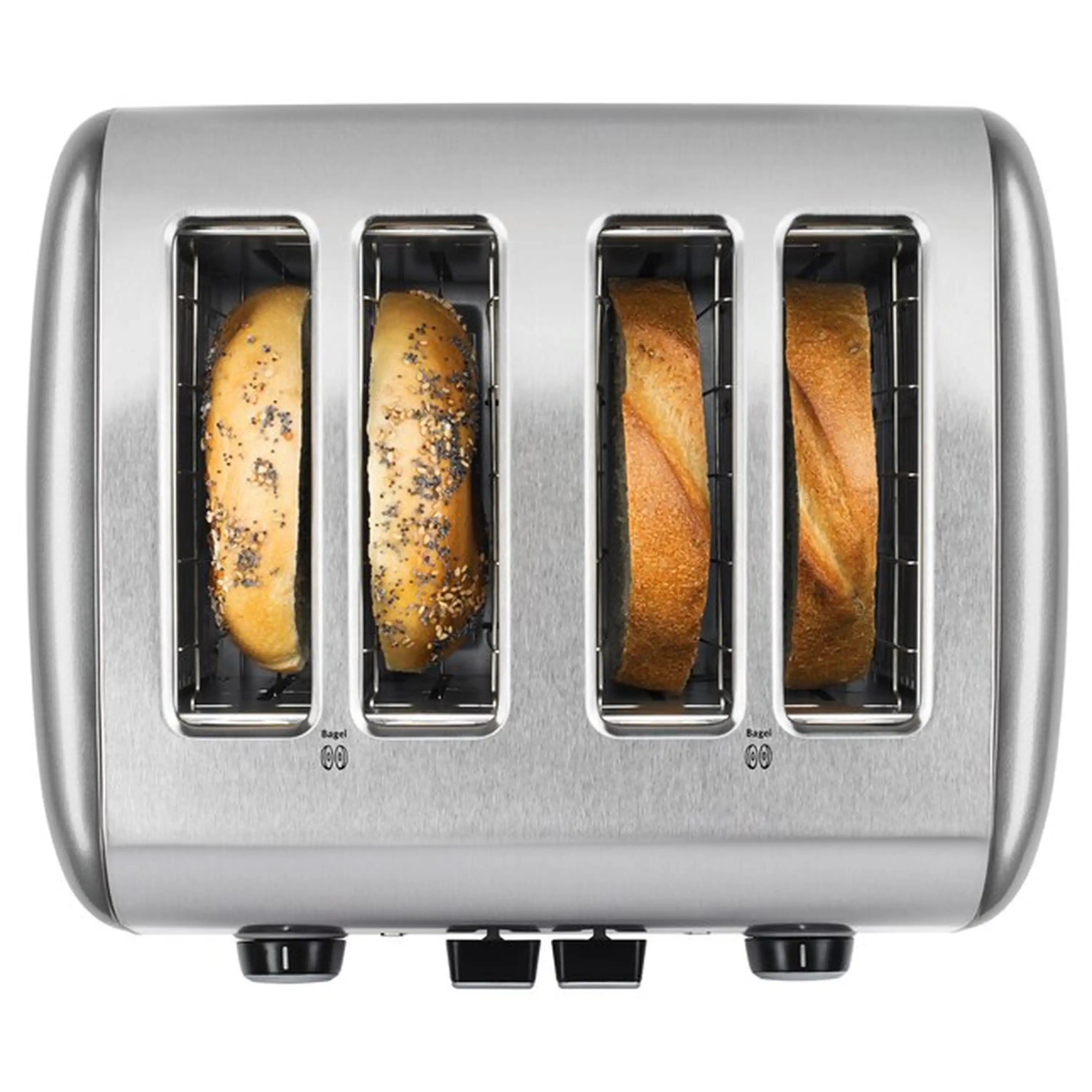 Contour Silver KitchenAid 4-slice toaster showing four heated bread slices through the slots