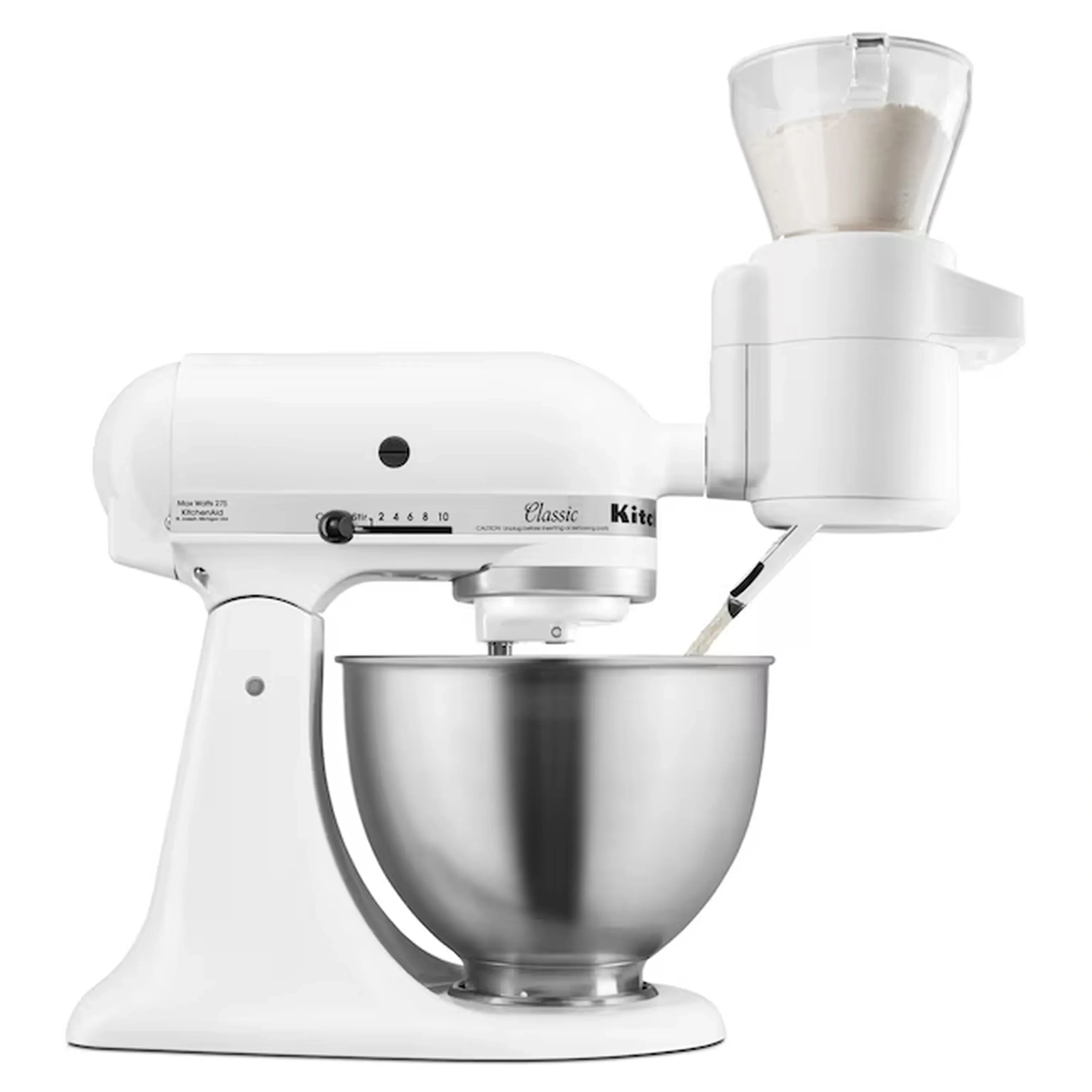 White tilt-head stand mixer with stainless bowl and ingredient feed chute