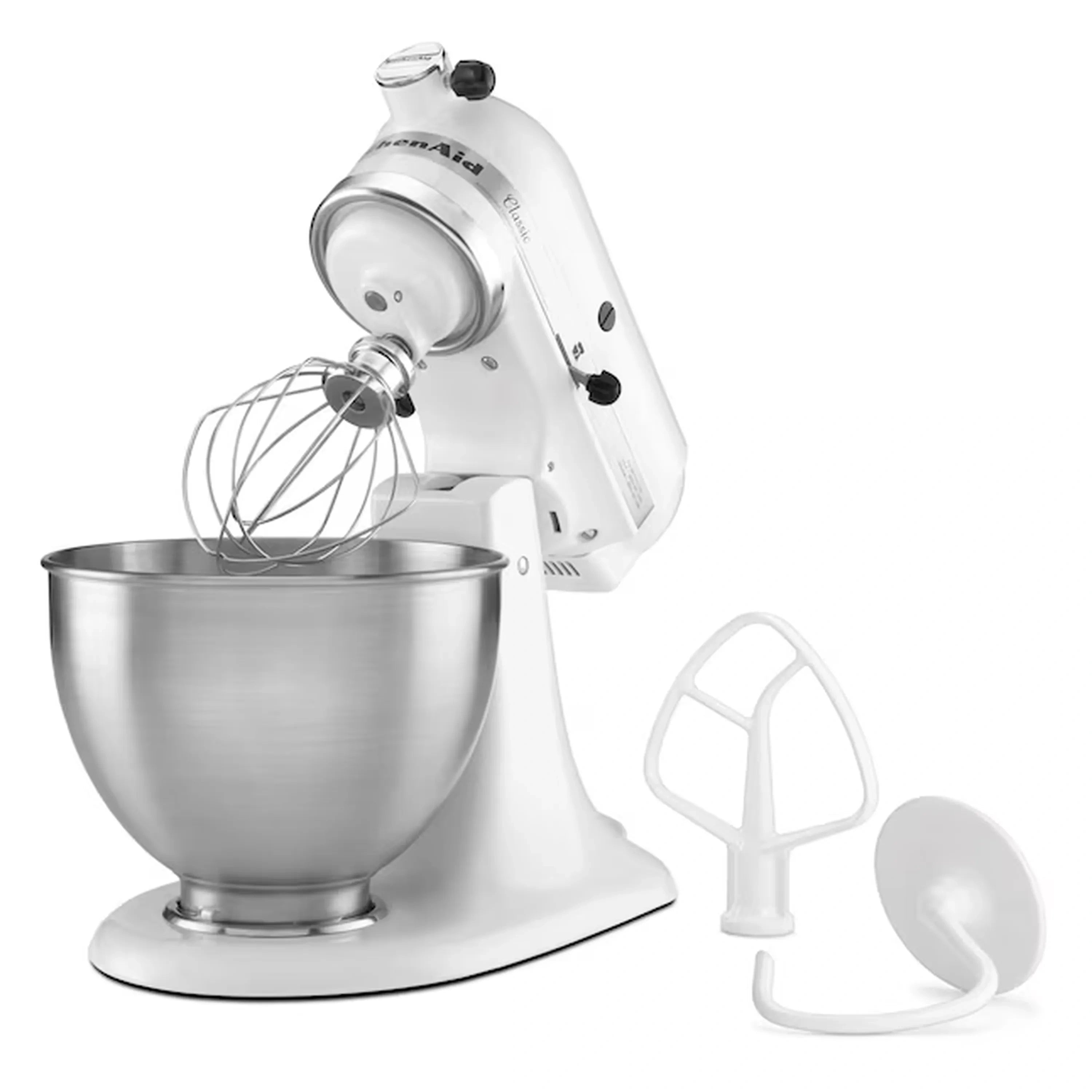 White stand mixer with stainless bowl, wire whisk, and dough hook attachment