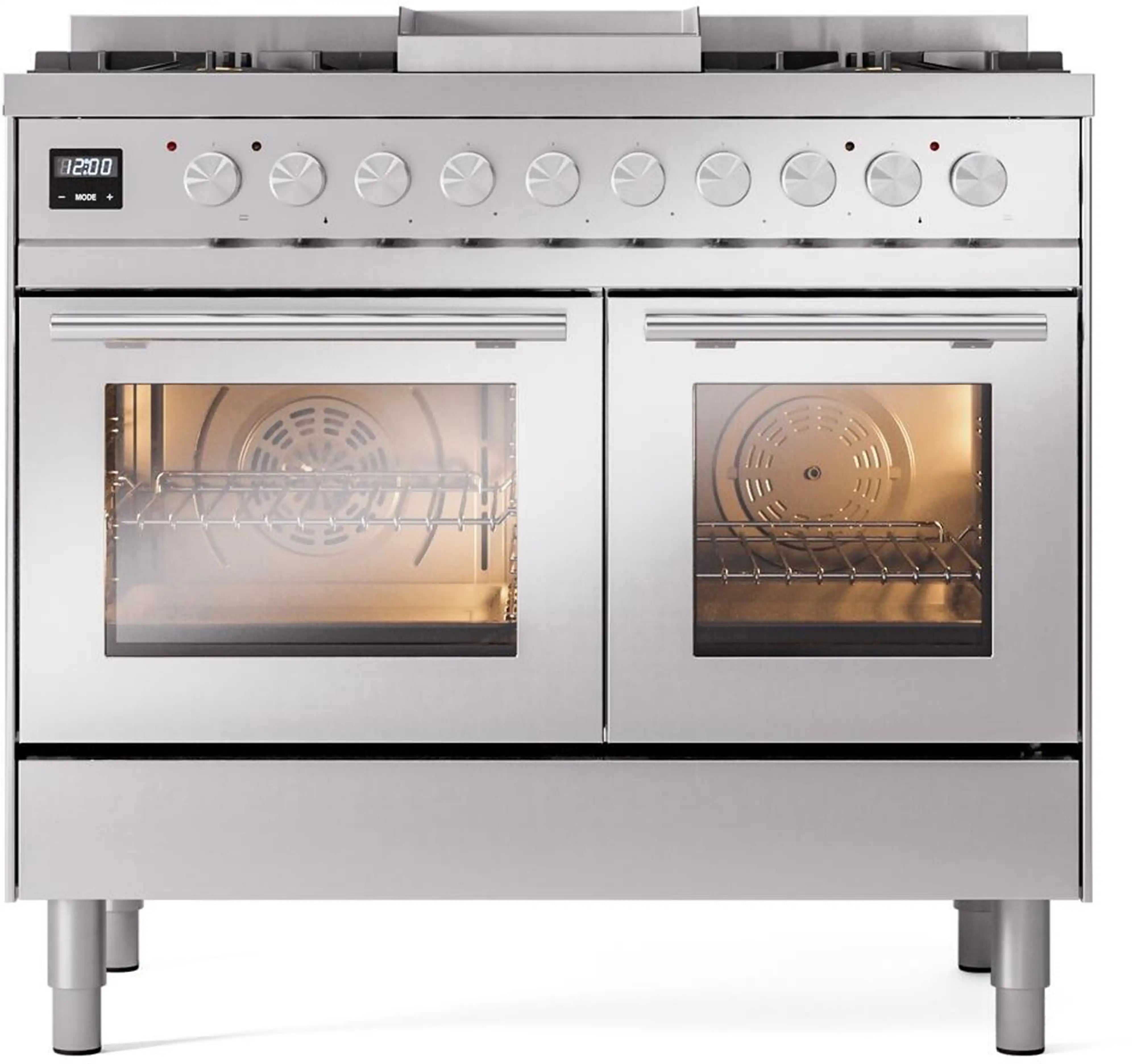 Stainless steel dual fuel range front view with 6 burners and two oven windows