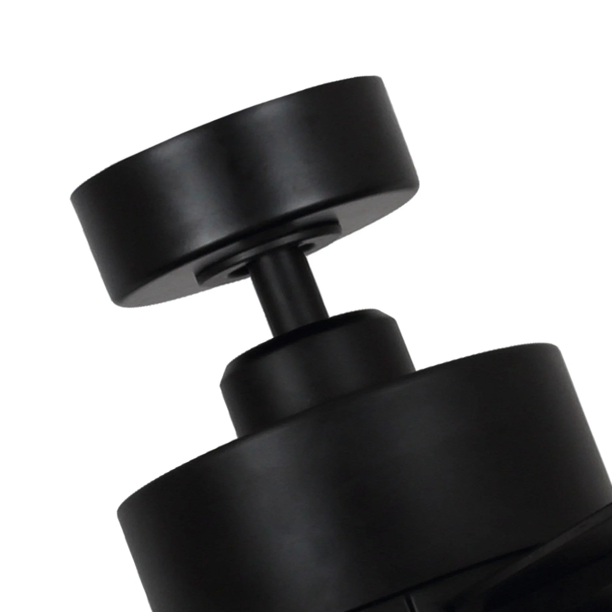 Black ceiling fan downrod and motor housing with blade tips and integrated light.