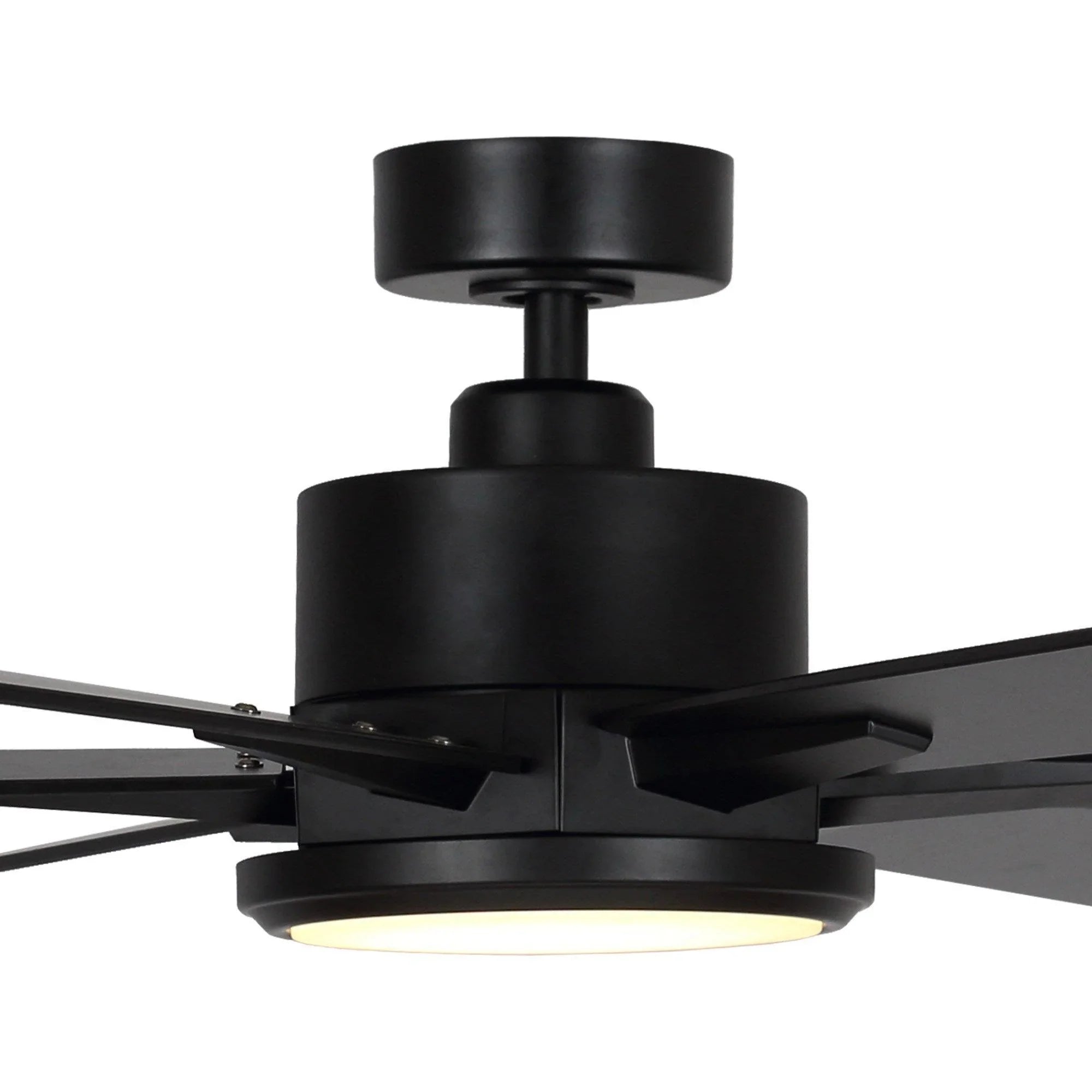 Black ceiling fan with integrated light, five extended blades, and downrod mount.