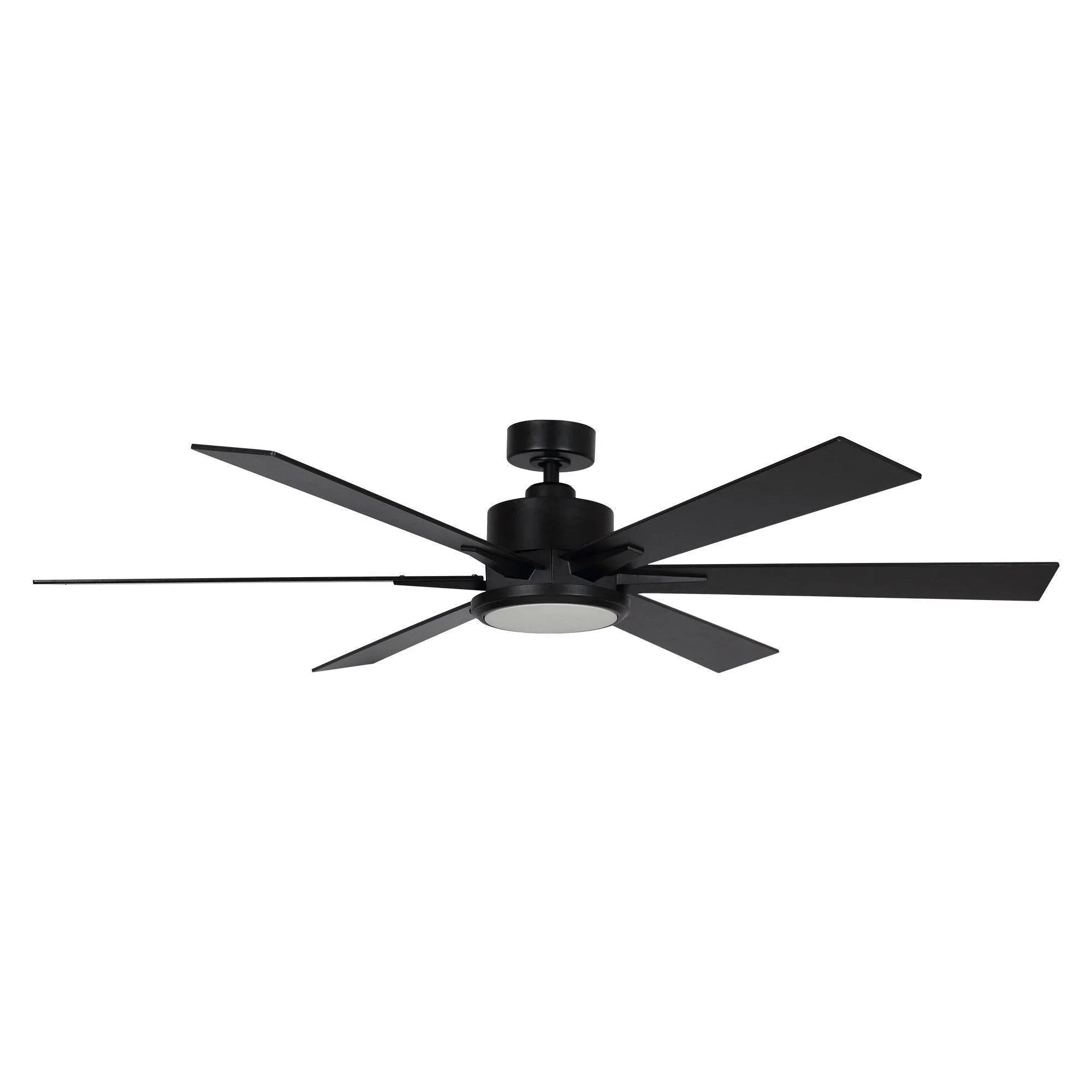 Black ceiling fan with five blades and integrated light fixture