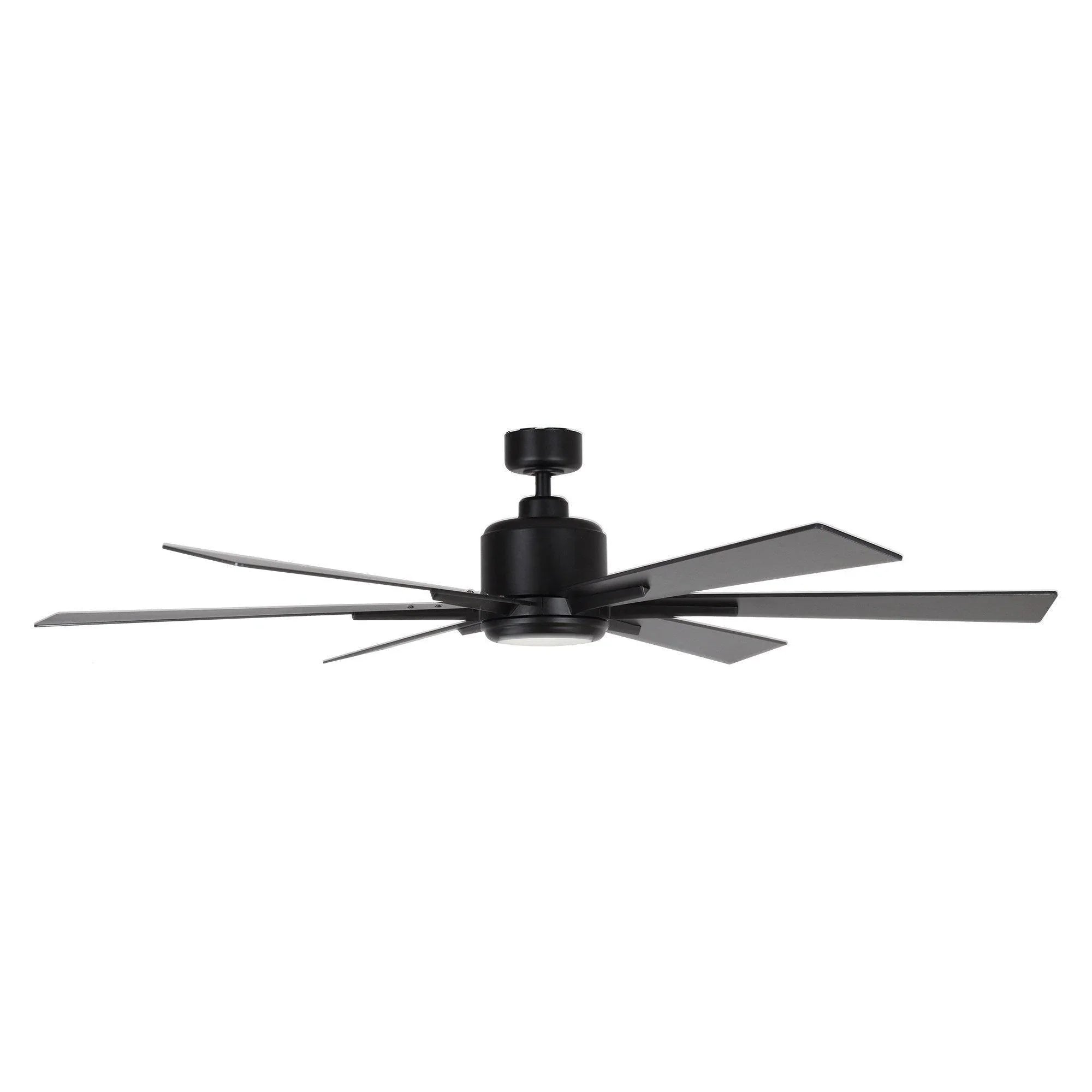 Black ceiling fan with 5 blades and flush-mounted integrated light