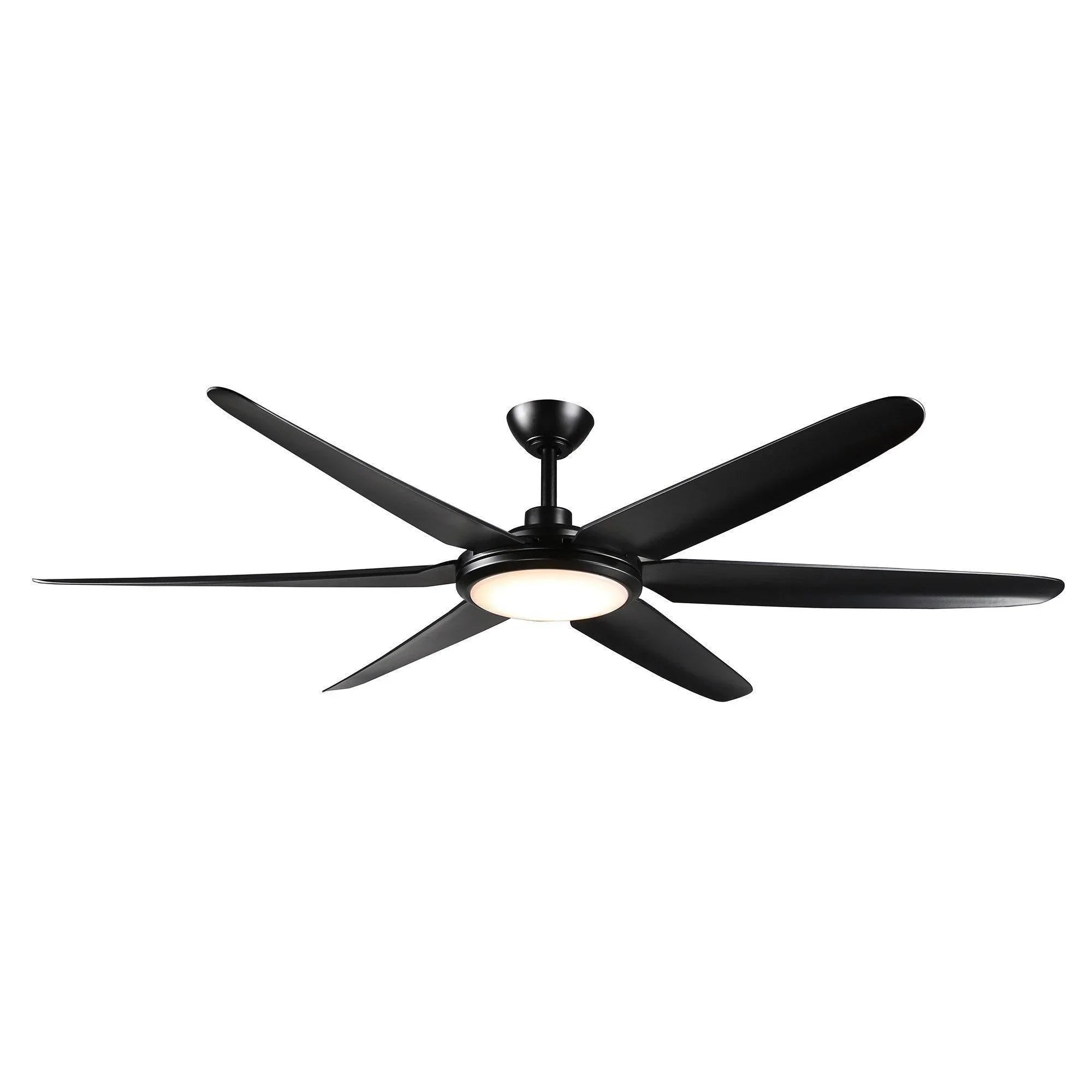 Black 65-inch industrial ceiling fan with integrated light and 5-blade design
