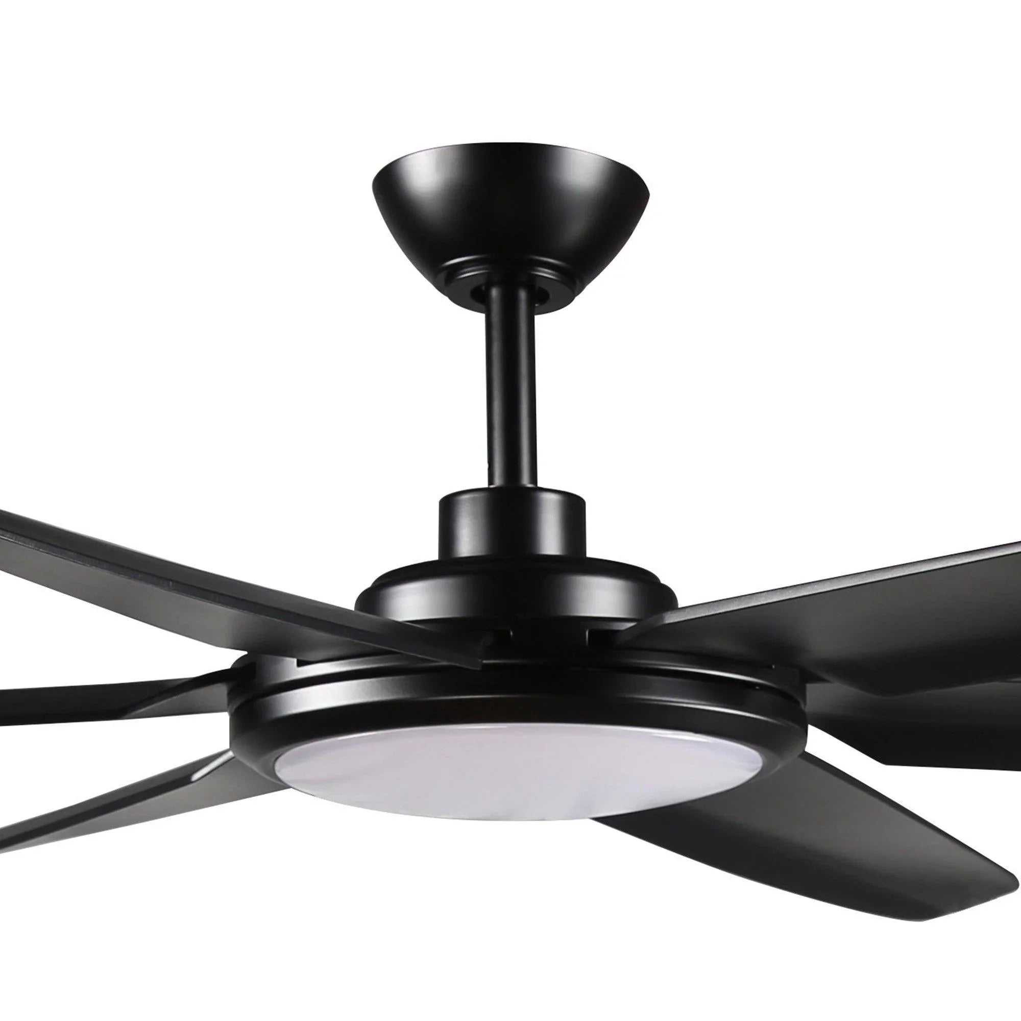Black ceiling fan with downrod mount and round white light cover
