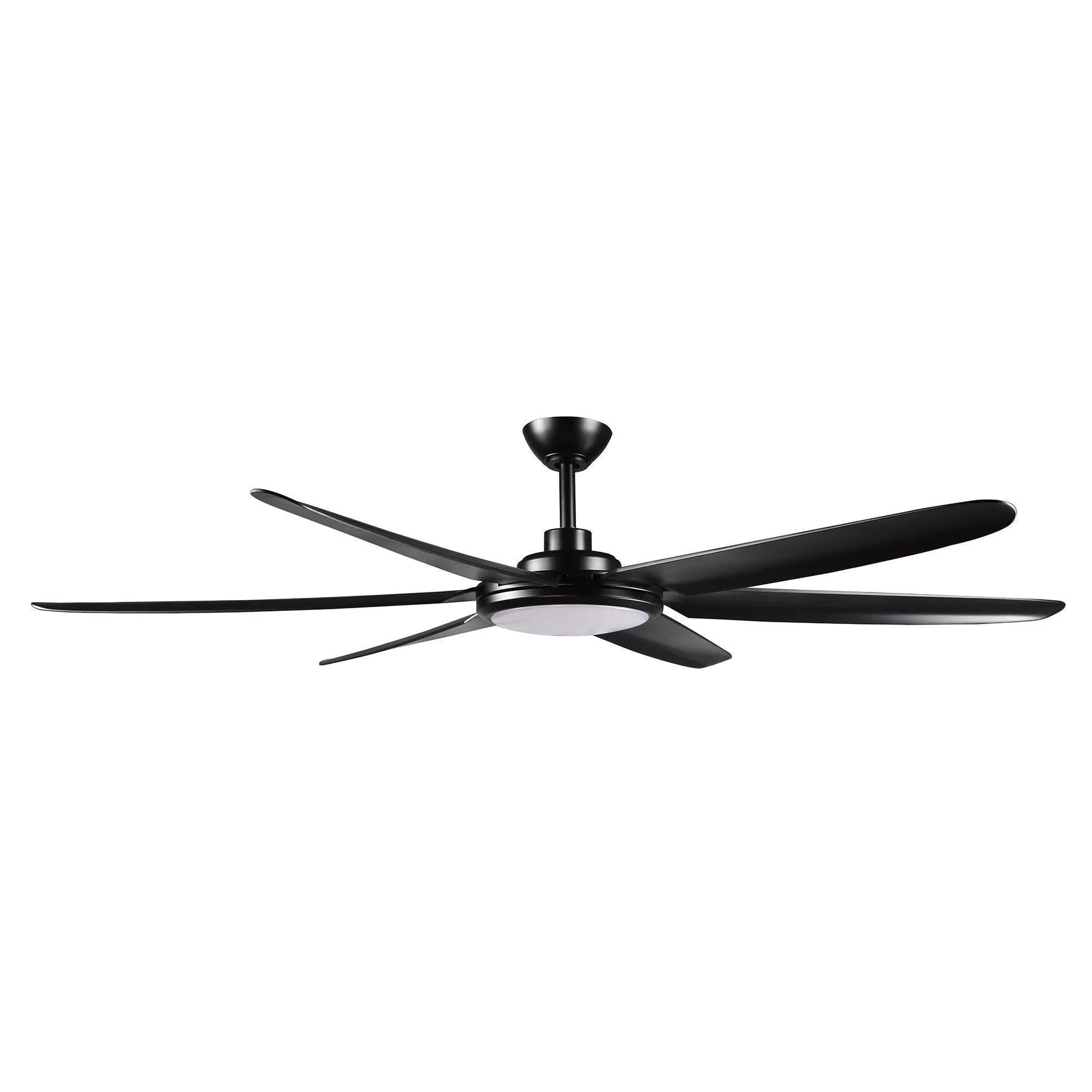 Black industrial ceiling fan with integrated light and 5 black blades
