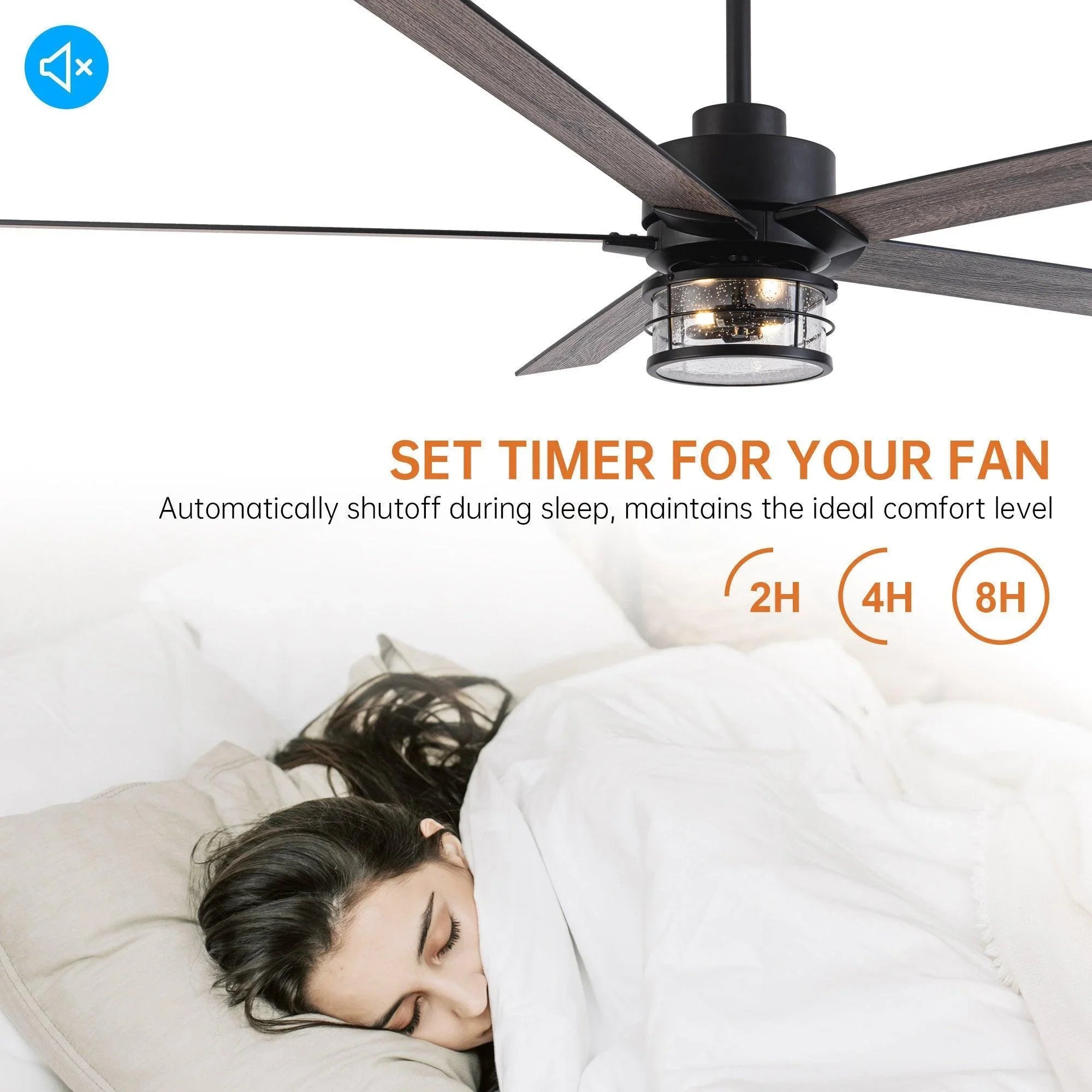 Black ceiling fan with glass globe light and five dark wood blades