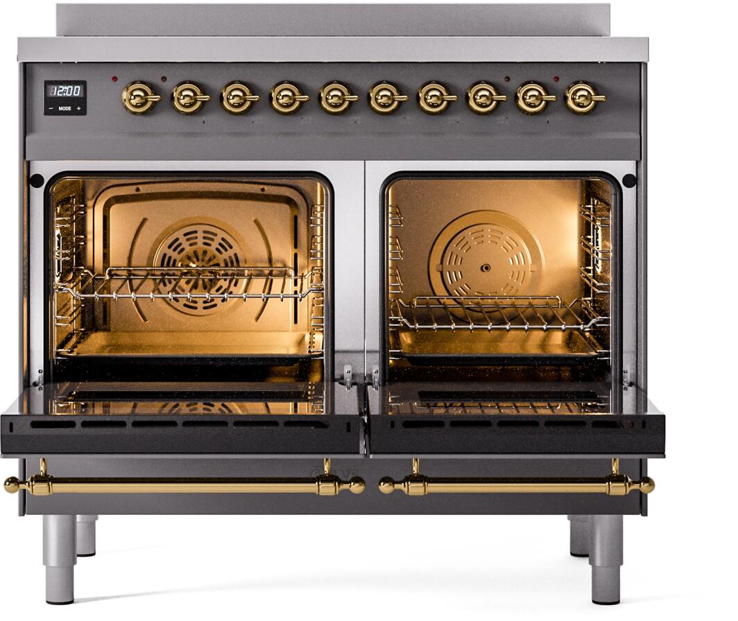 Freestanding electric induction range with matte graphite finish, dual open ovens, brass handles