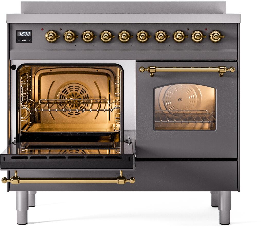 Freestanding electric induction range, left oven open with racks, right oven window and brass handle
