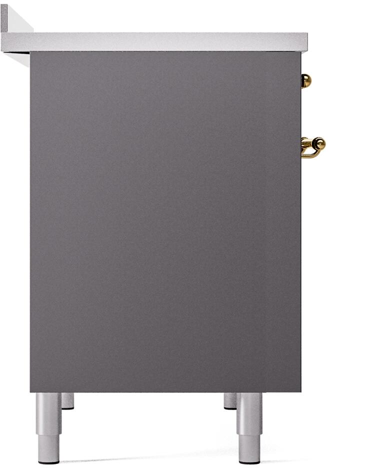 Matte graphite range side panel with brass latch detail and adjustable leveling legs
