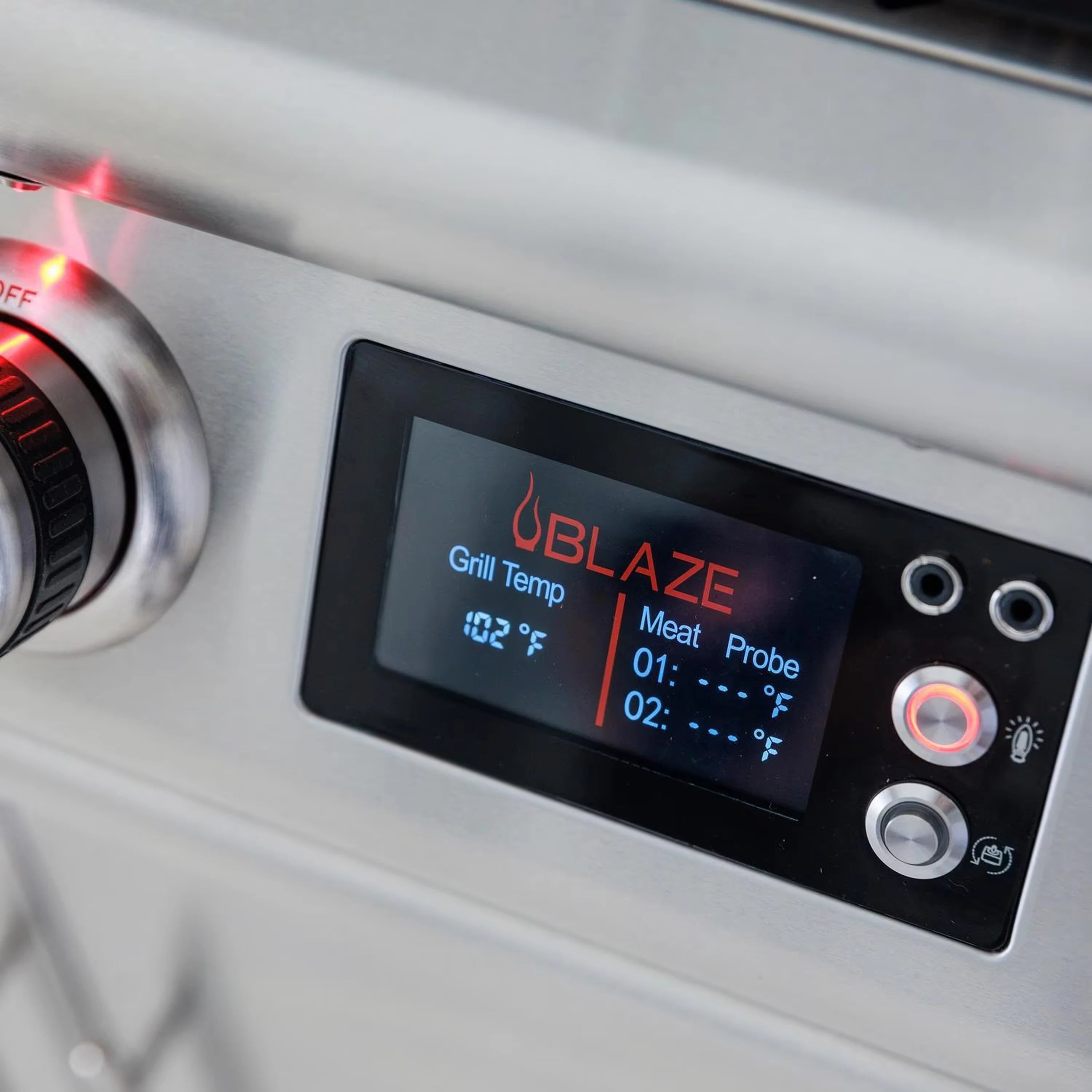 Blaze grill control panel with Grill Temp and Meat Probe readouts and knob buttons