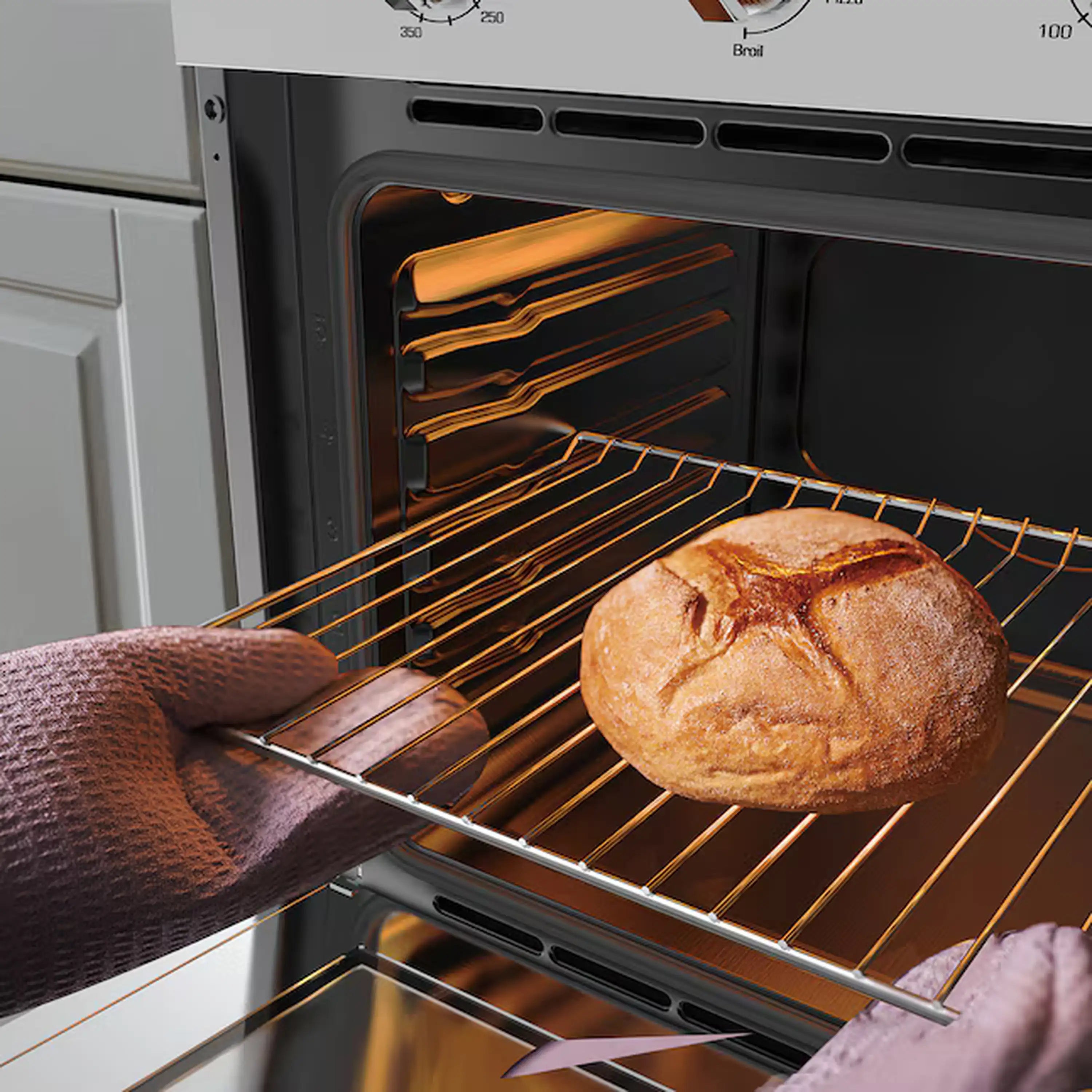 Stainless steel oven interior with wire rack and roasted bread on the rack