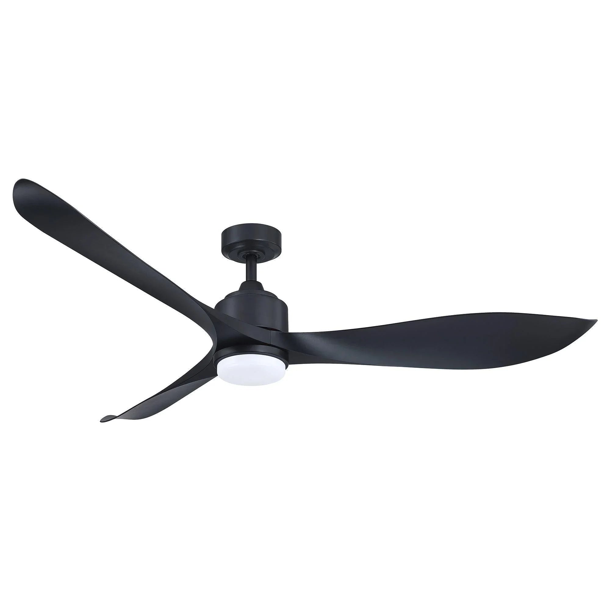 Black ceiling fan with 3-blade propeller design and integrated LED light