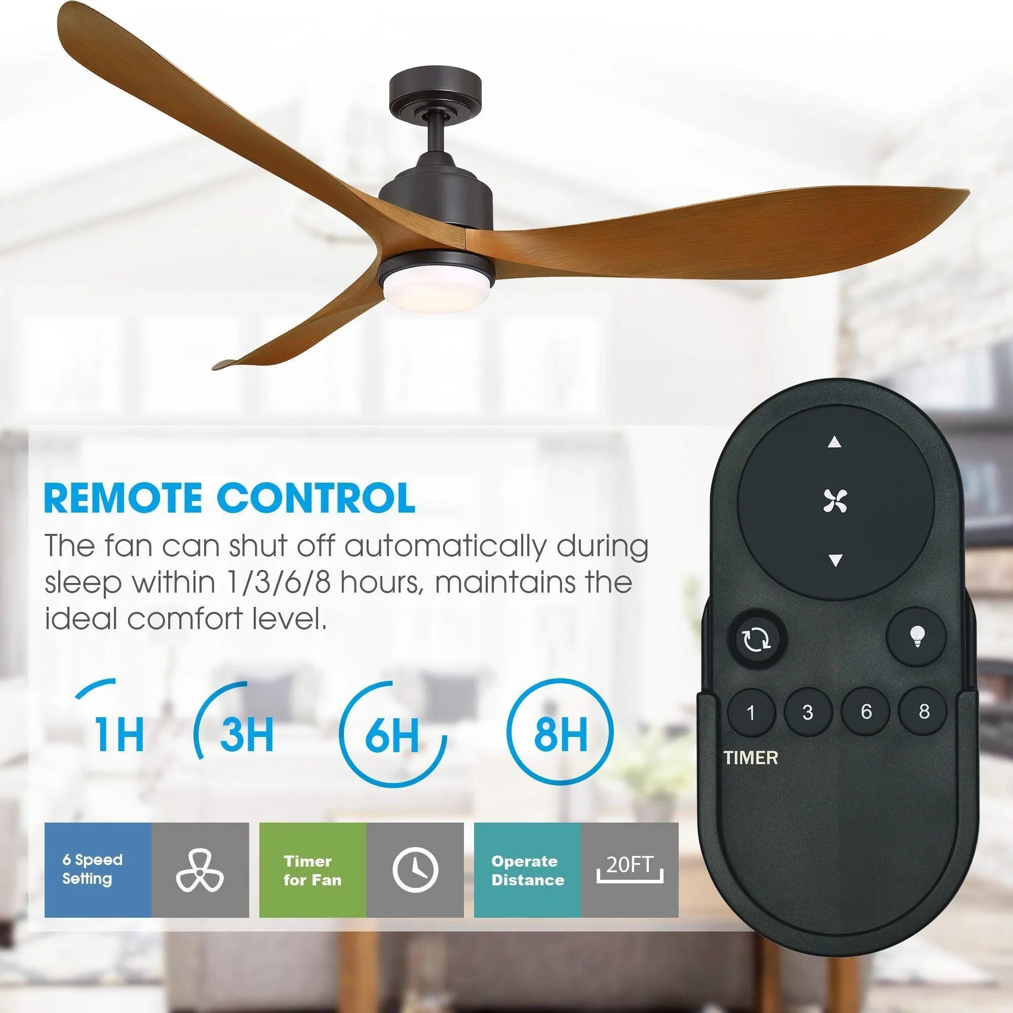 Oil-rubbed bronze 66-inch ceiling fan with 3 blades and integrated LED light, shown with remote.