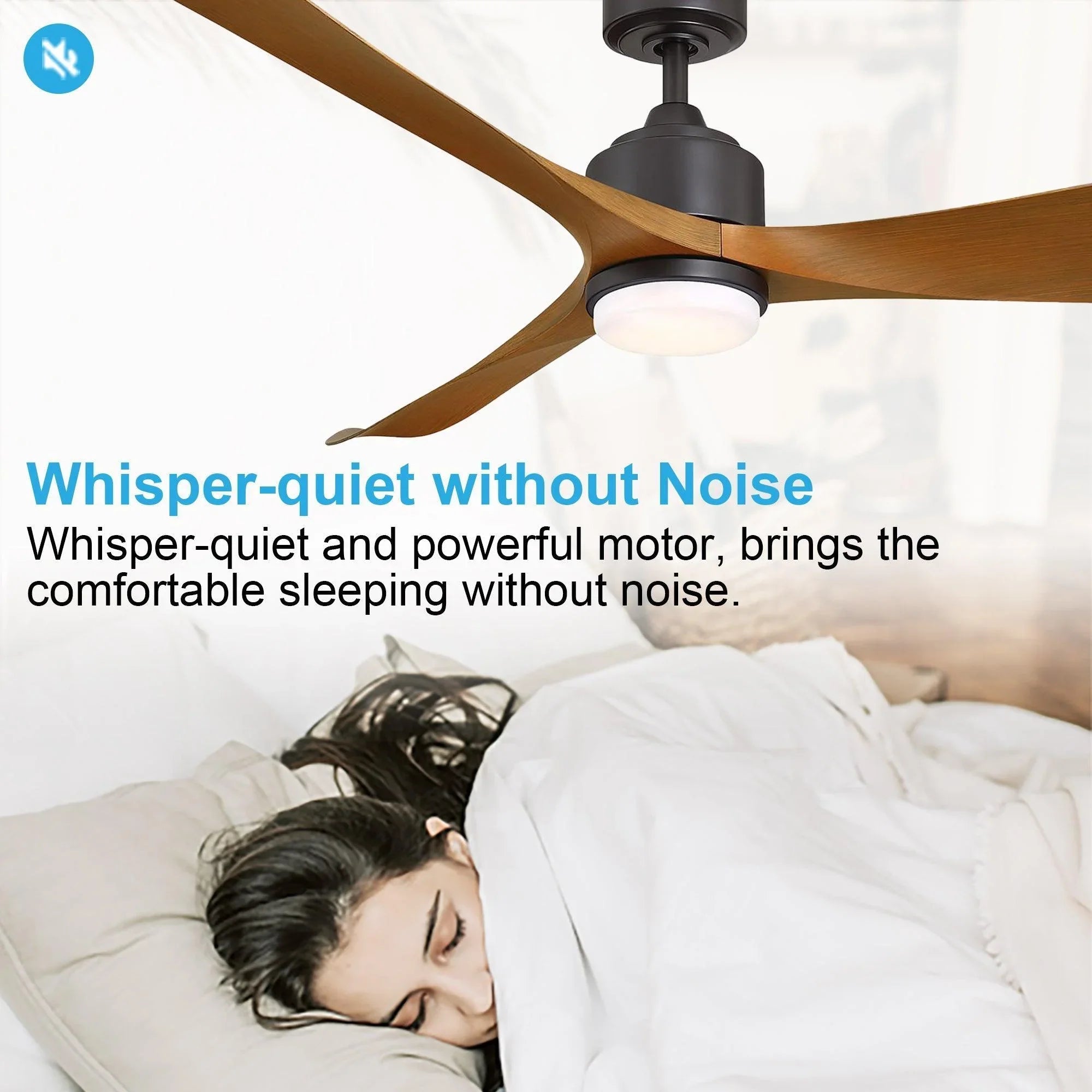 Oil-rubbed bronze 66-inch ceiling fan with 3 blades and LED light over a bed setting.