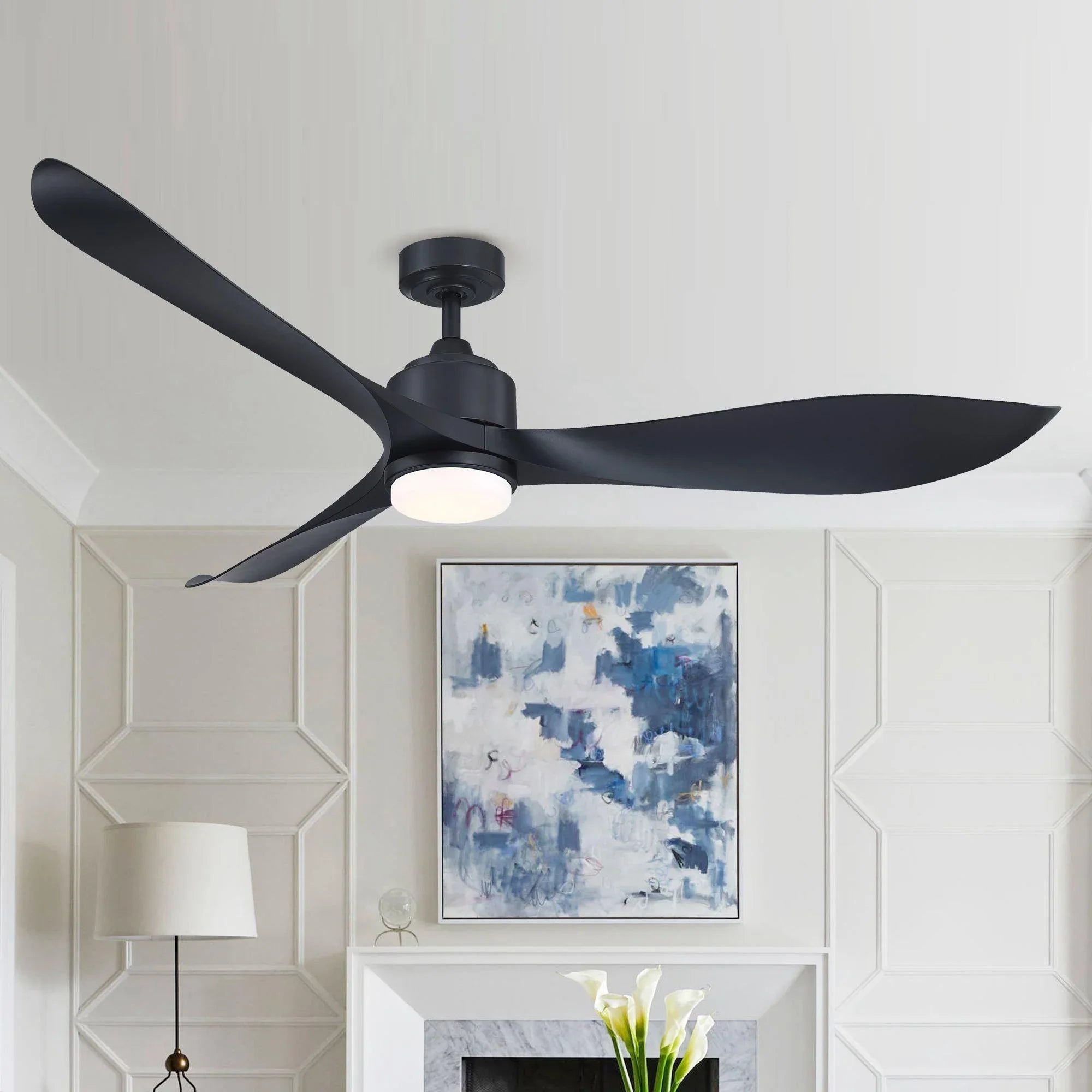 Black ceiling fan with 3 blades and frosted LED light panel
